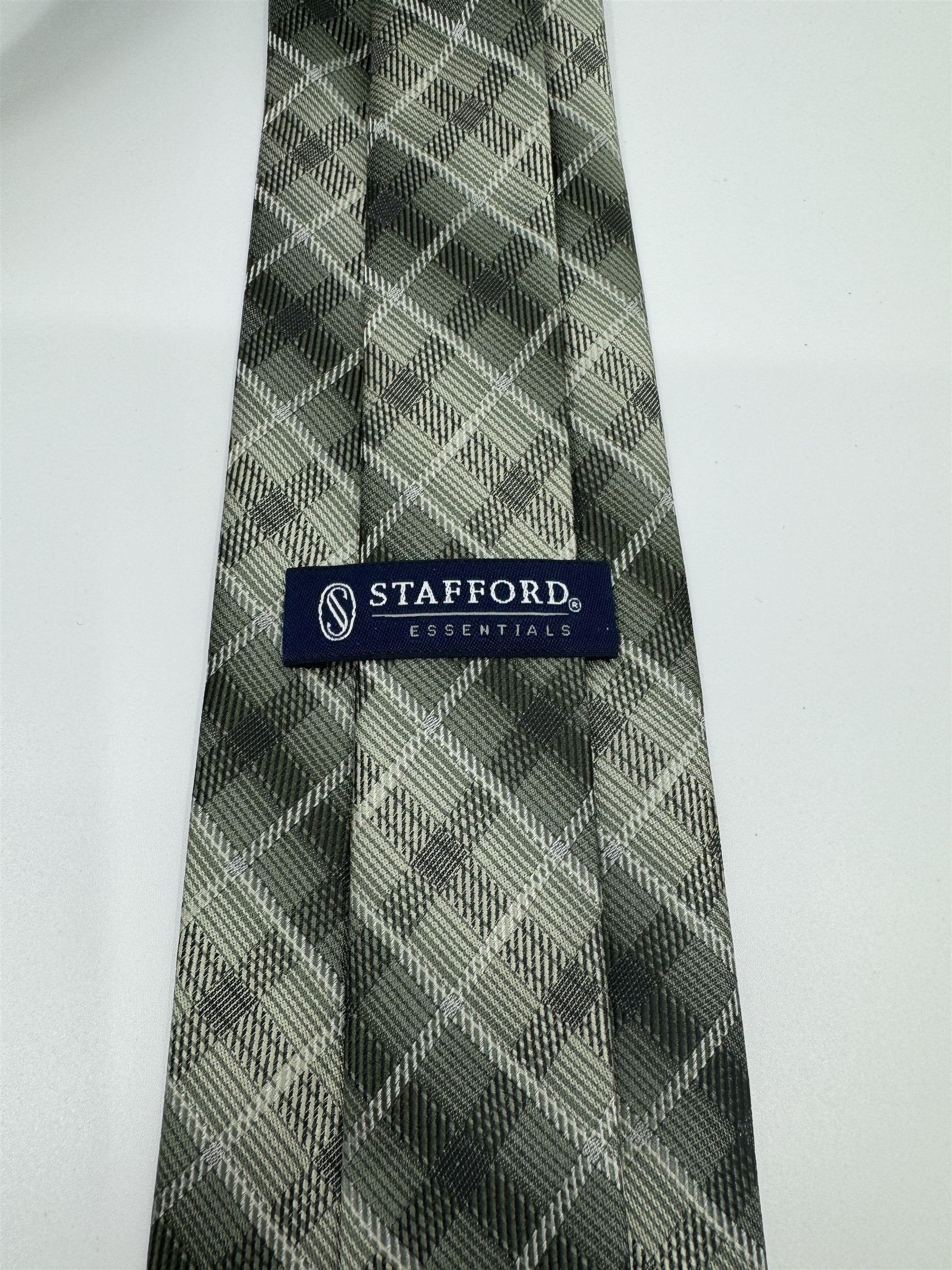 Stafford Essentials Green Square Plaid Print 100% Polyester Mens Neck Tie NWOT