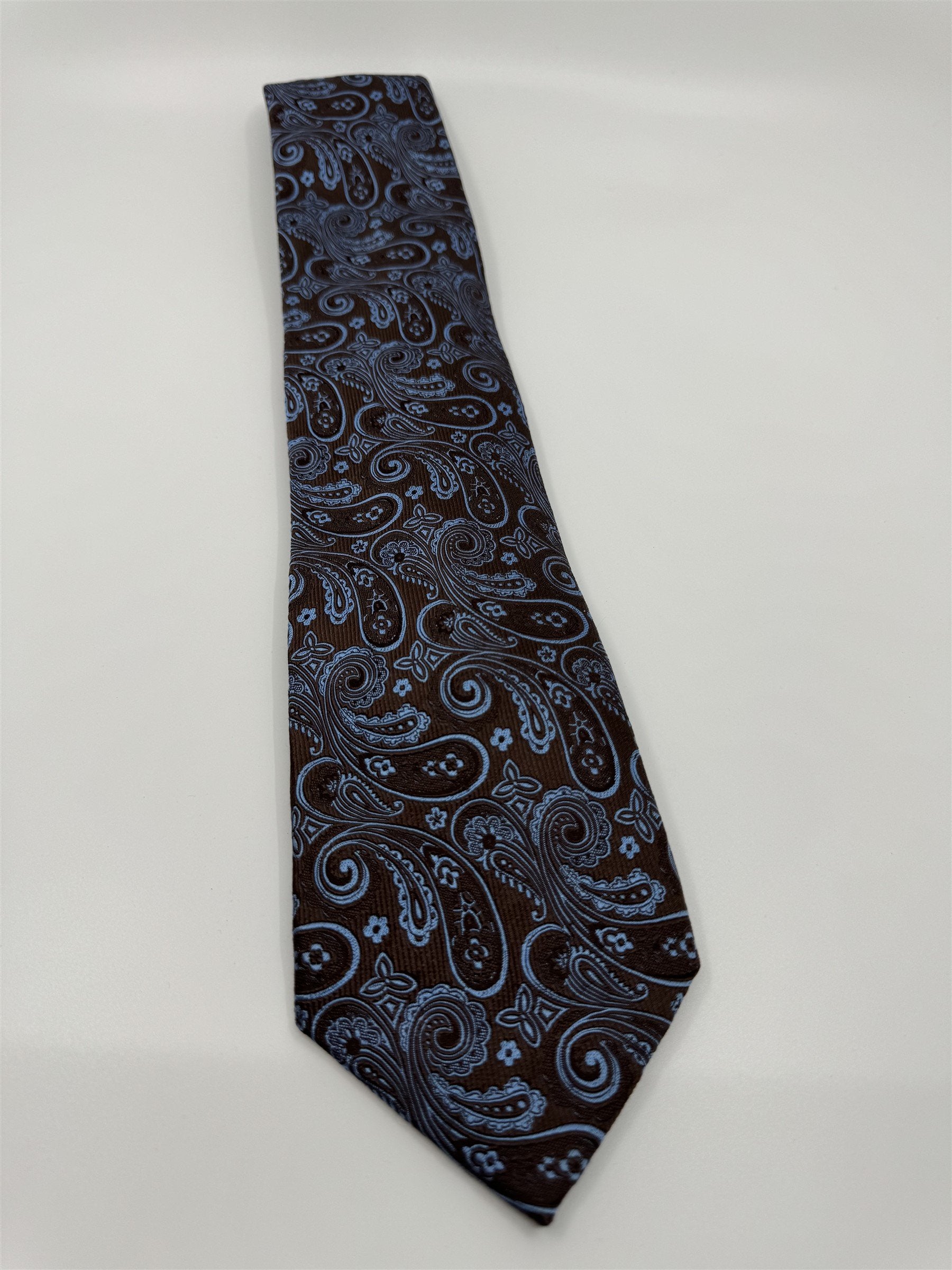 Tasso Elba 100% Silk Handmade Mens Neck Tie Brown Paisley with Blue Accents