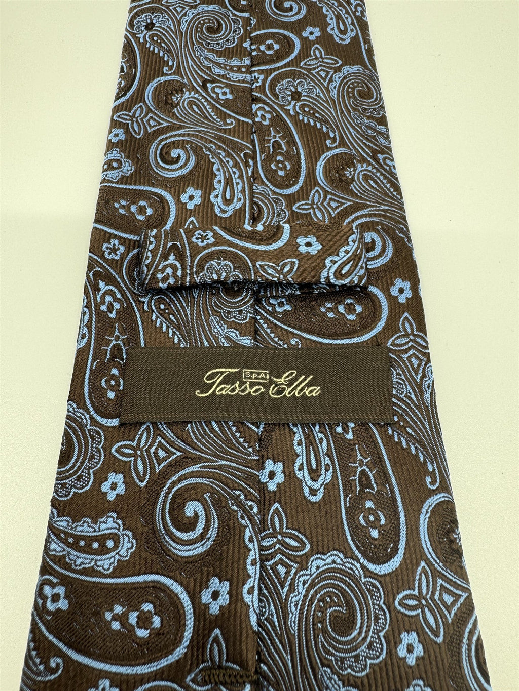 Tasso Elba 100% Silk Handmade Mens Neck Tie Brown Paisley with Blue Accents