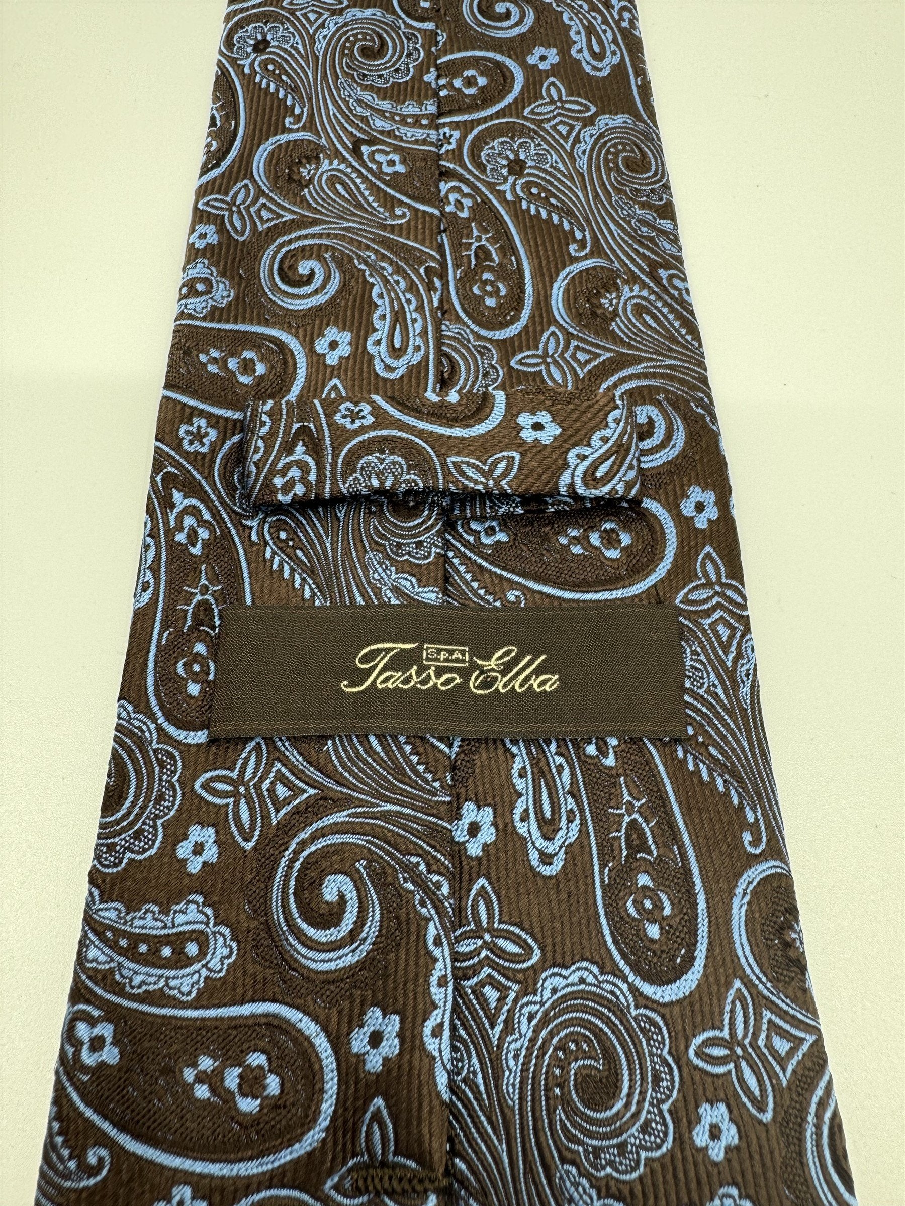 Tasso Elba 100% Silk Handmade Mens Neck Tie Brown Paisley with Blue Accents