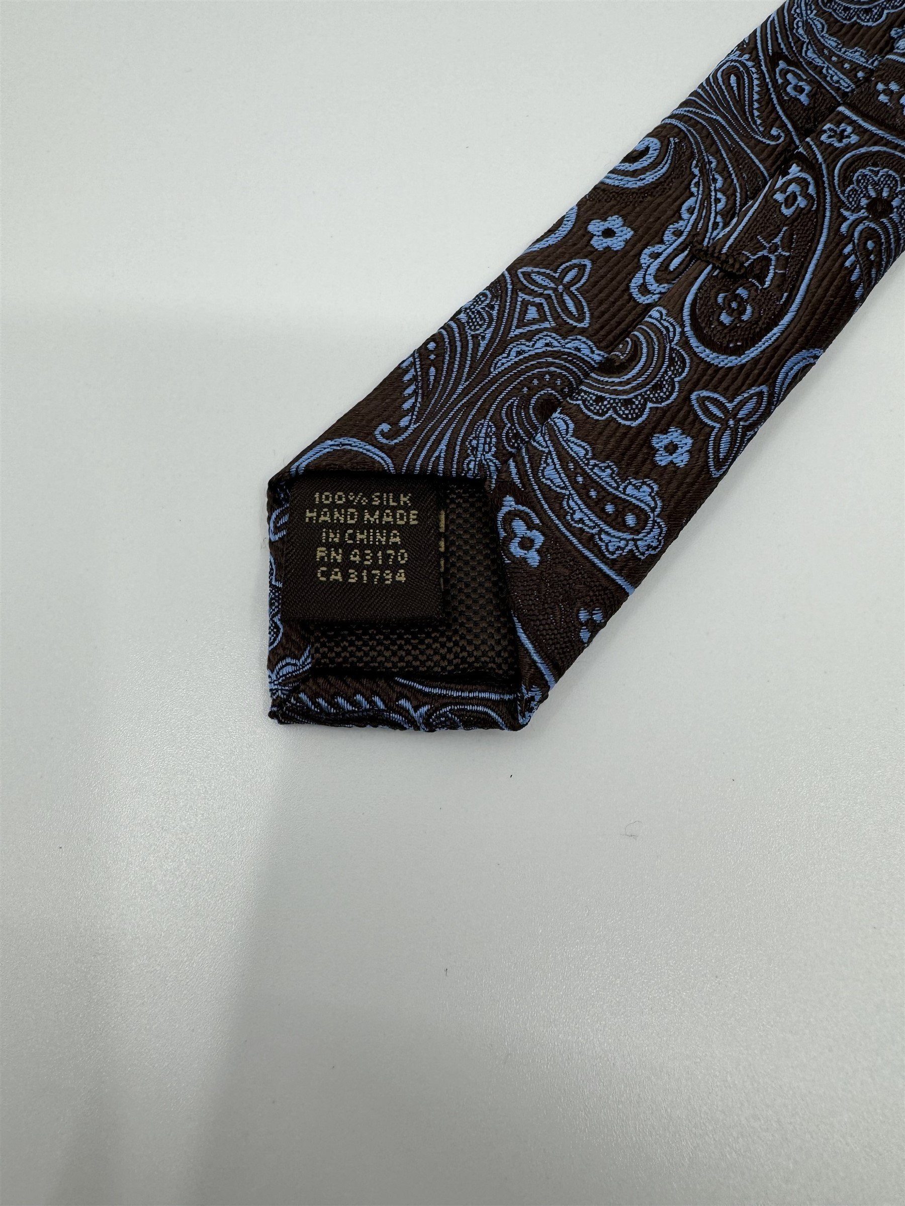 Tasso Elba 100% Silk Handmade Mens Neck Tie Brown Paisley with Blue Accents