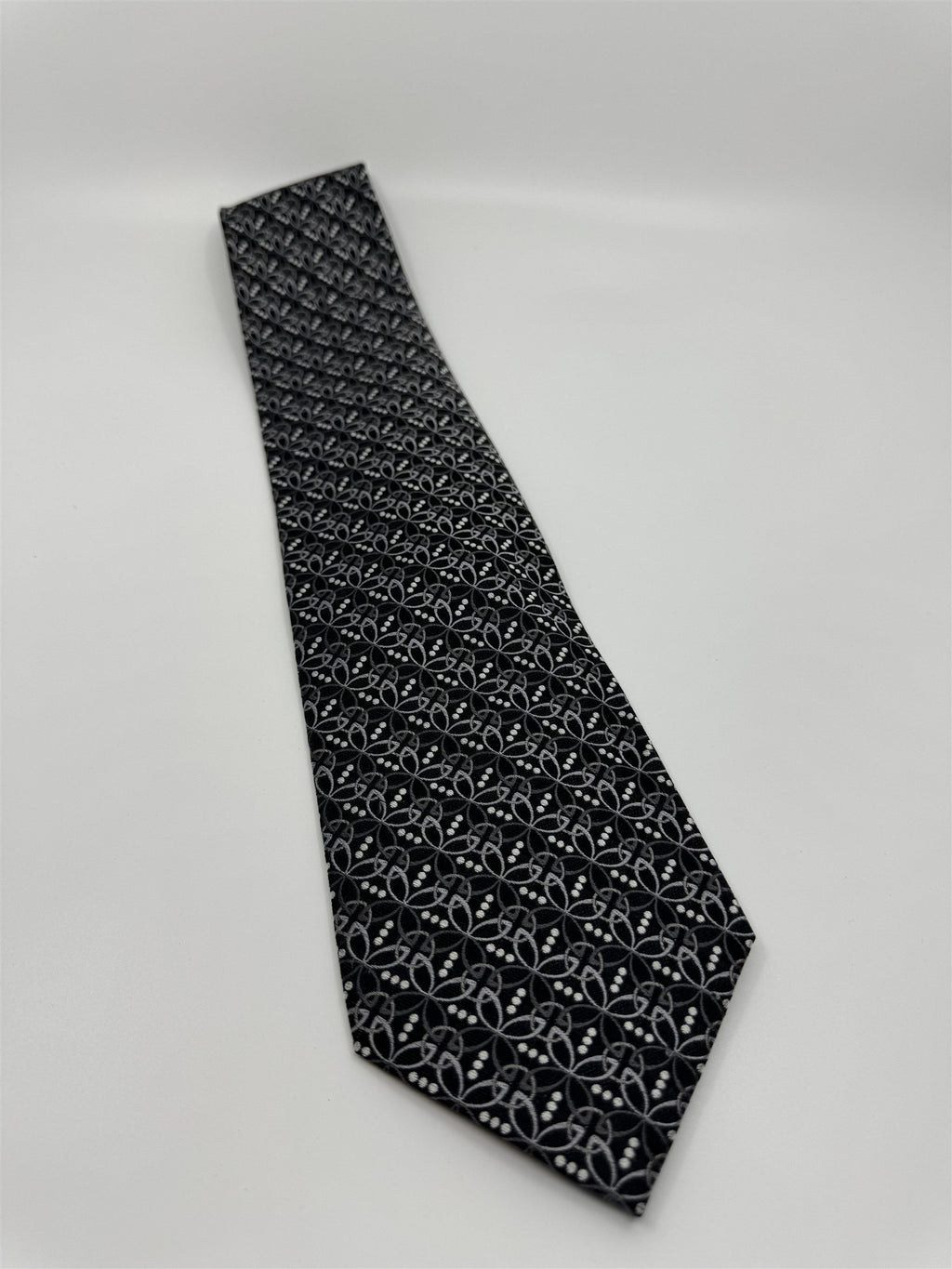 Stafford Black /w Gray Accent Geometric Circle Leaf Dotted Pattern Silk Handmade