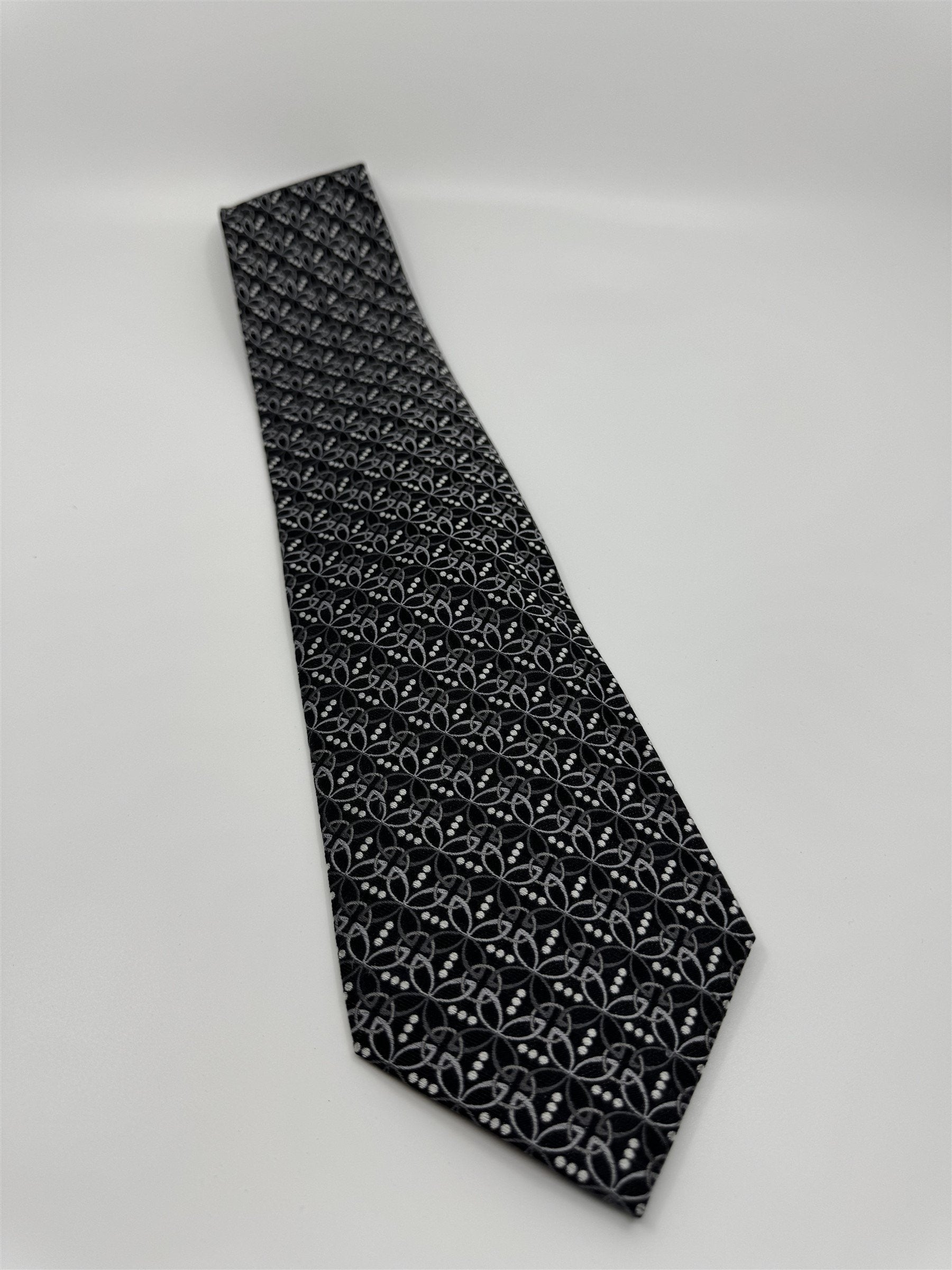 Stafford Black /w Gray Accent Geometric Circle Leaf Dotted Pattern Silk Handmade
