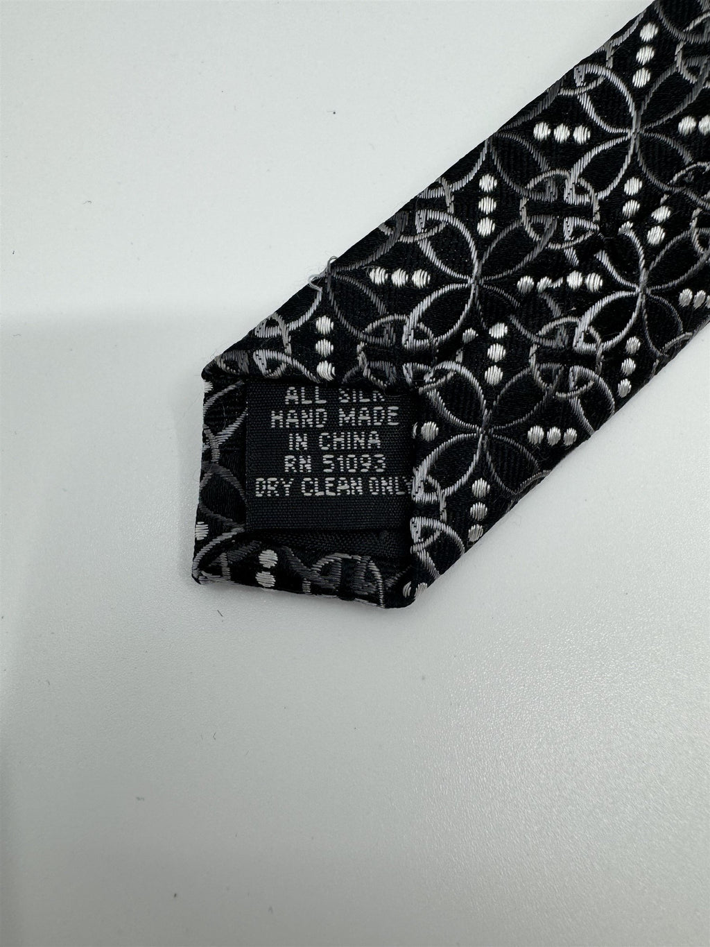 Stafford Black /w Gray Accent Geometric Circle Leaf Dotted Pattern Silk Handmade