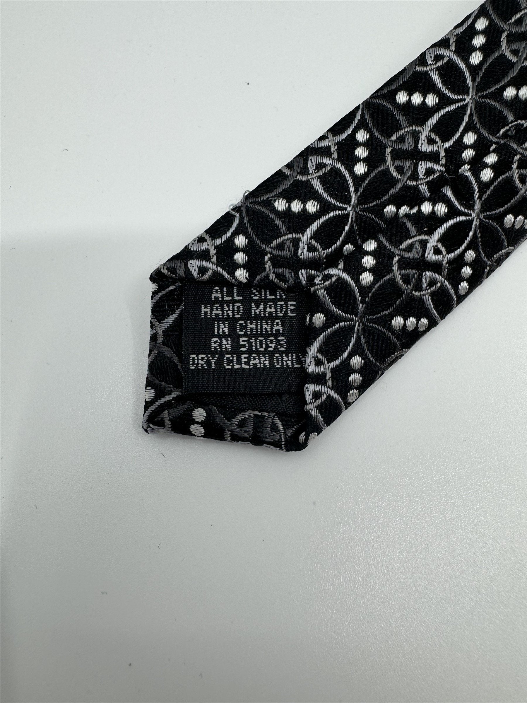 Stafford Black /w Gray Accent Geometric Circle Leaf Dotted Pattern Silk Handmade