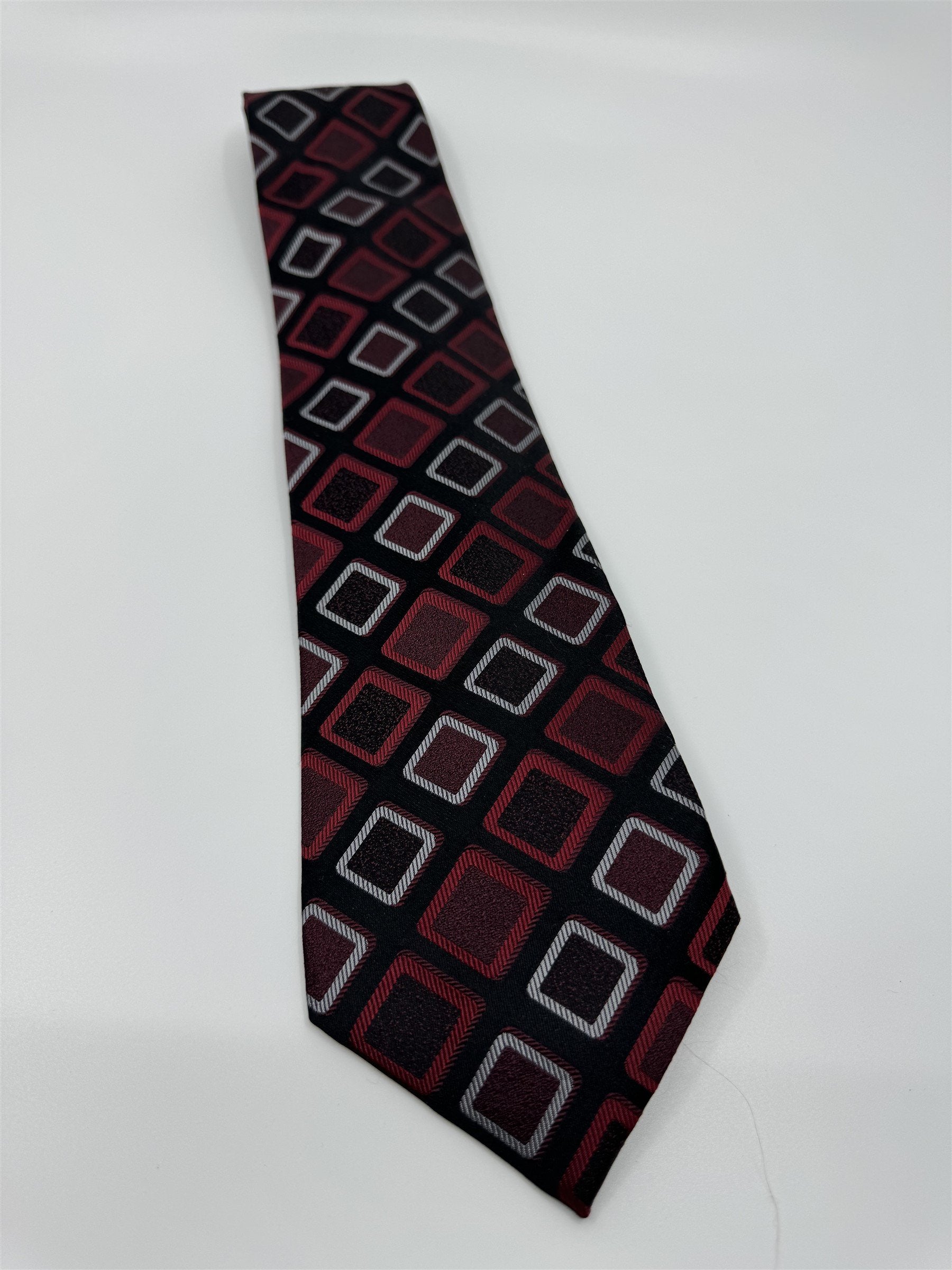 Covington Mens Tie Black /w Red and White Squares Geo Pattern Silk Handmade NWOT