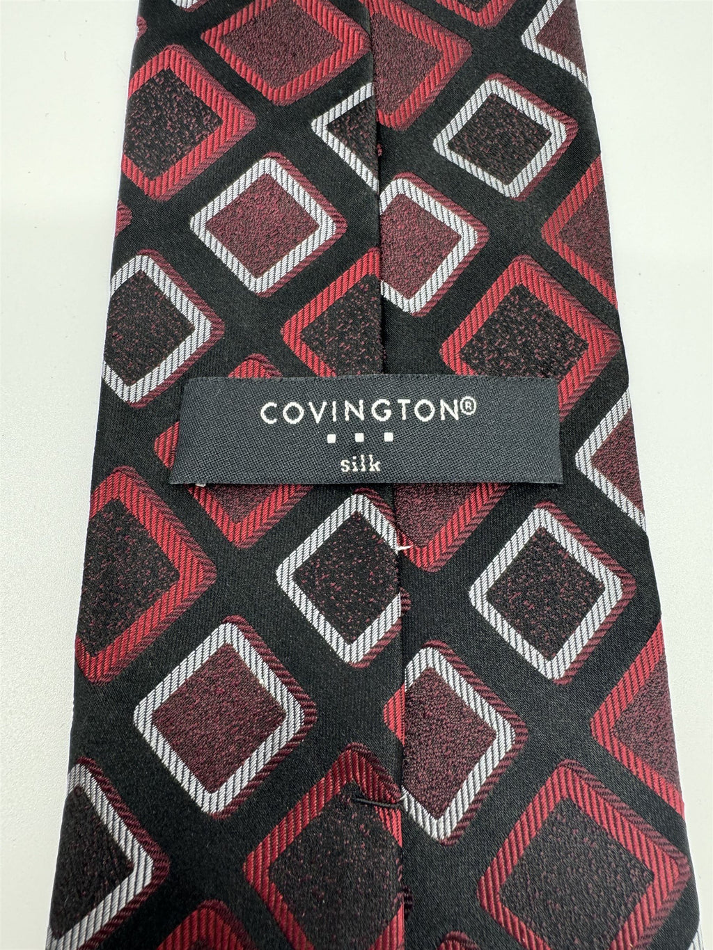 Covington Mens Tie Black /w Red and White Squares Geo Pattern Silk Handmade NWOT