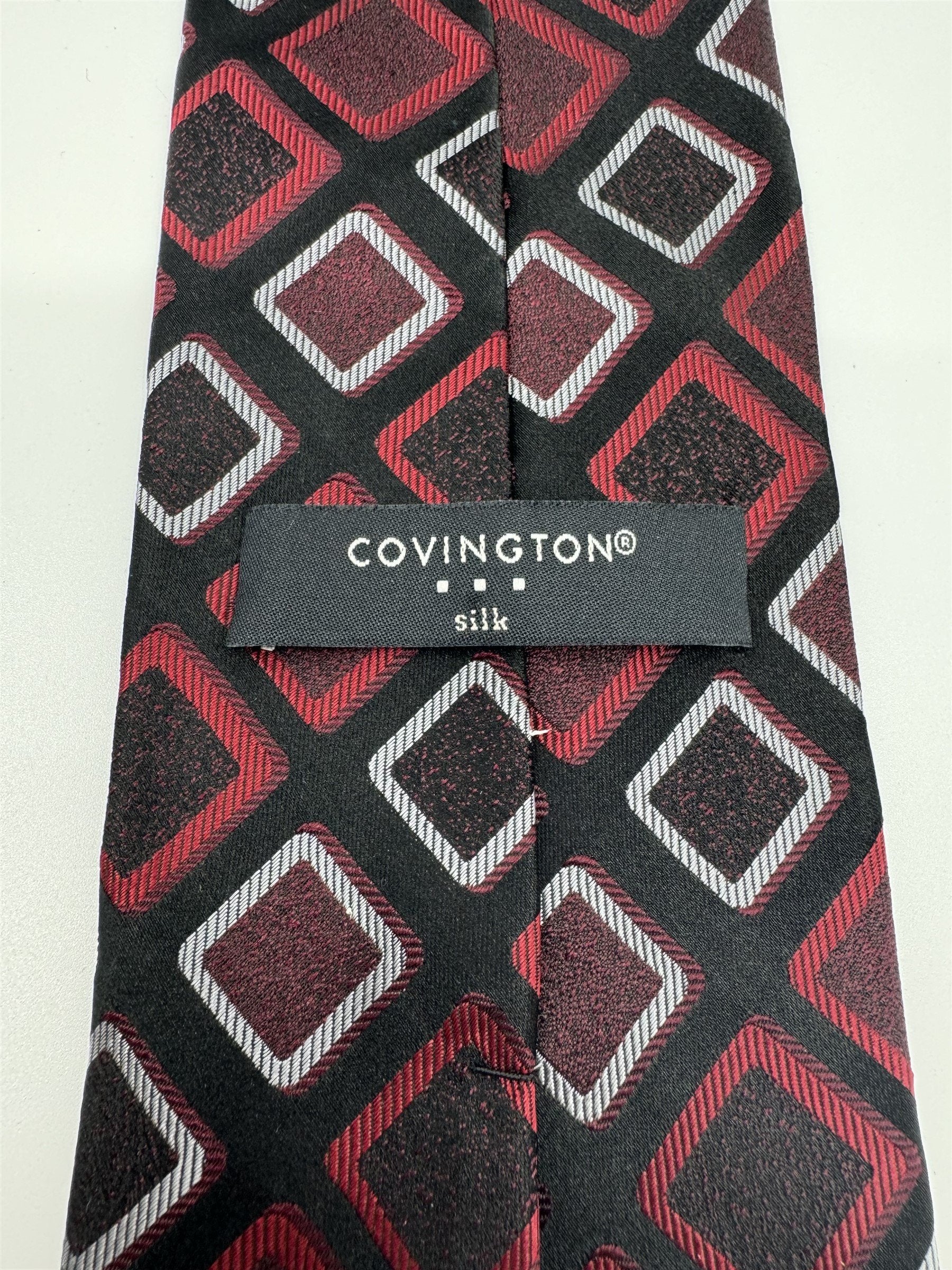 Covington Mens Tie Black /w Red and White Squares Geo Pattern Silk Handmade NWOT