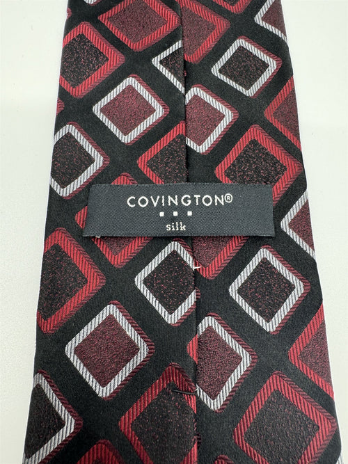 Covington Mens Tie Black /w Red and White Squares Geo Pattern Silk Handmade NWOT