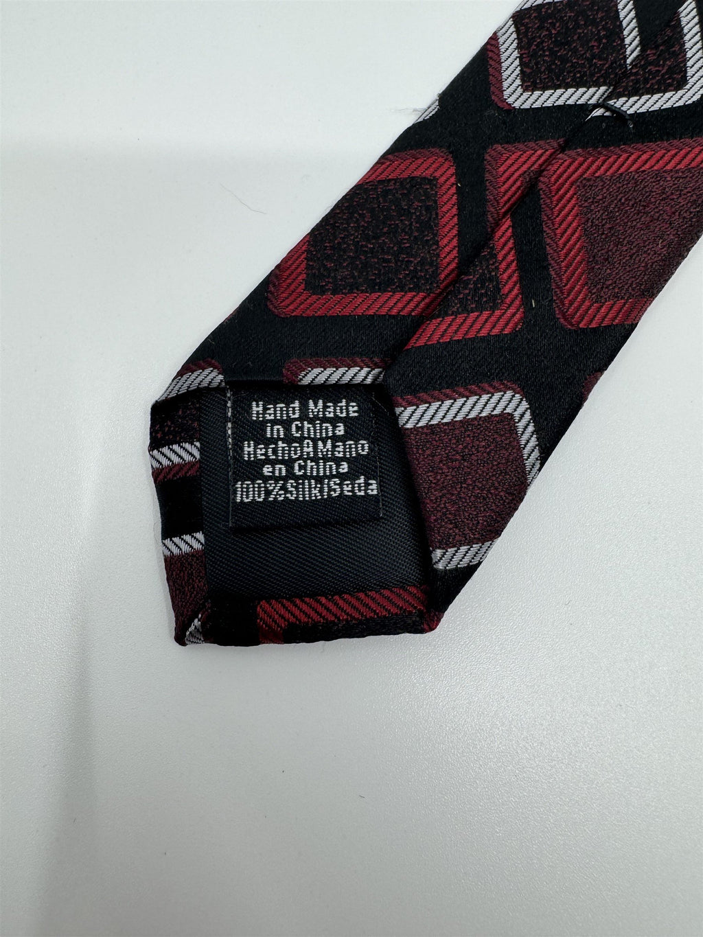 Covington Mens Tie Black /w Red and White Squares Geo Pattern Silk Handmade NWOT