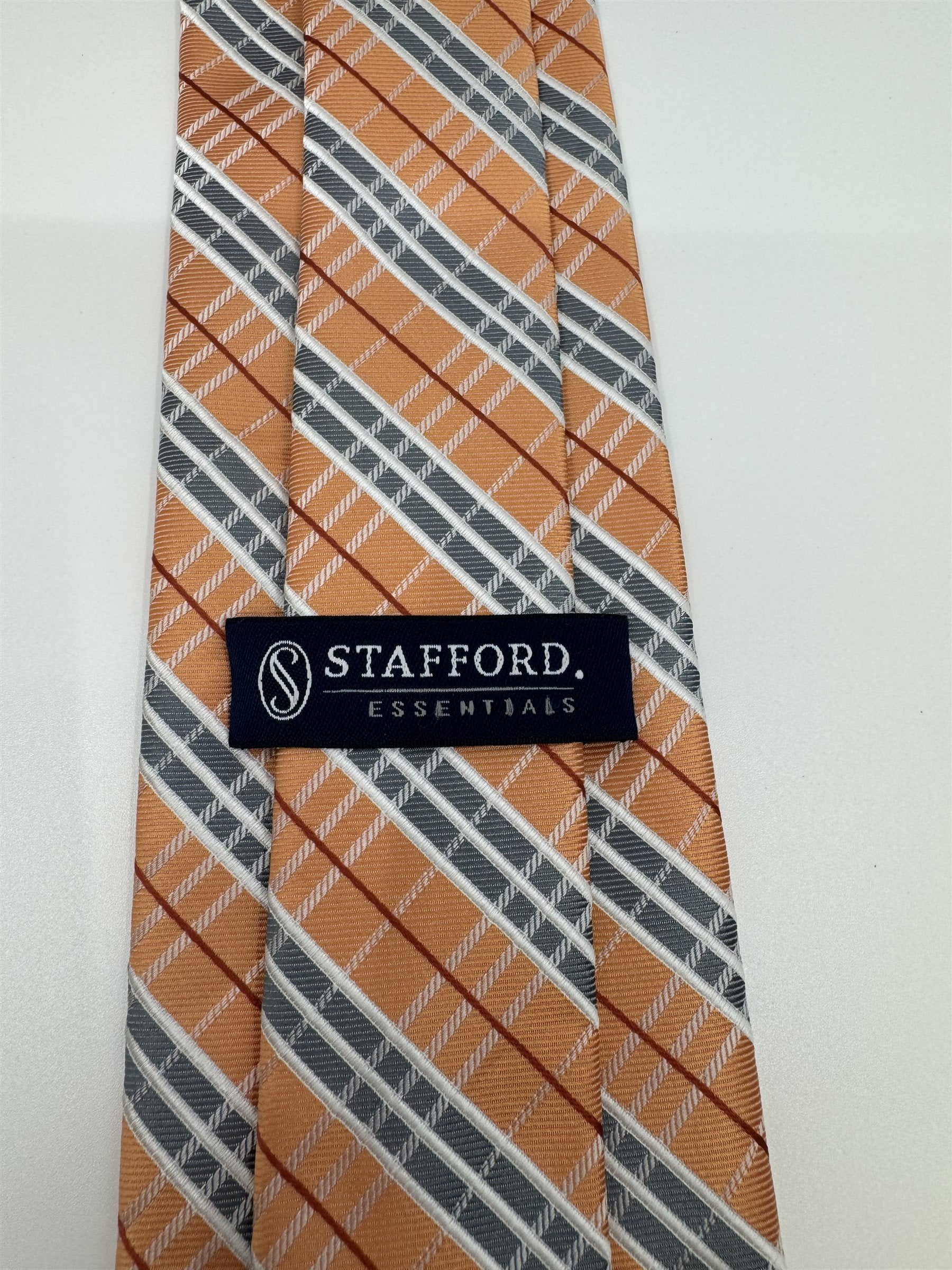 Stafford Essentials Orange and Gray Plaid 100% Polyester Mens Neck Tie NWOT