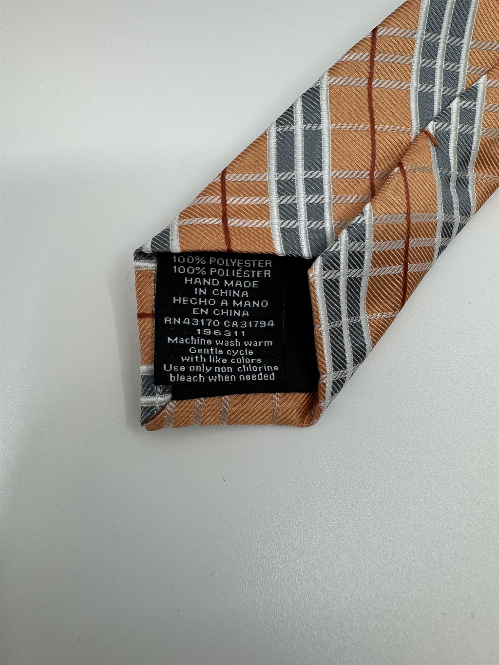Stafford Essentials Orange and Gray Plaid 100% Polyester Mens Neck Tie NWOT