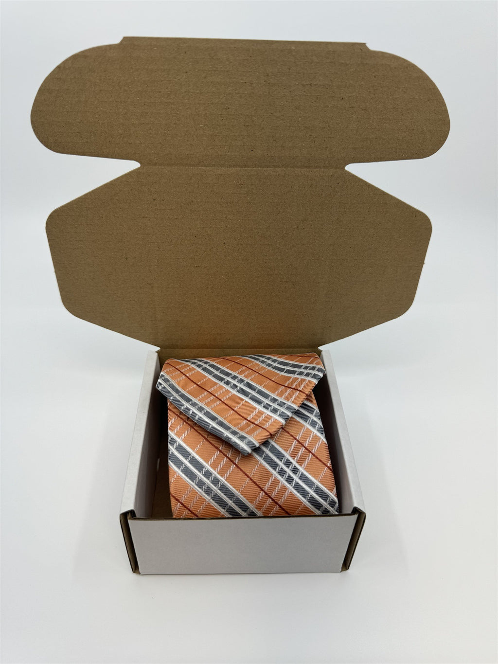 Stafford Essentials Orange and Gray Plaid 100% Polyester Mens Neck Tie NWOT