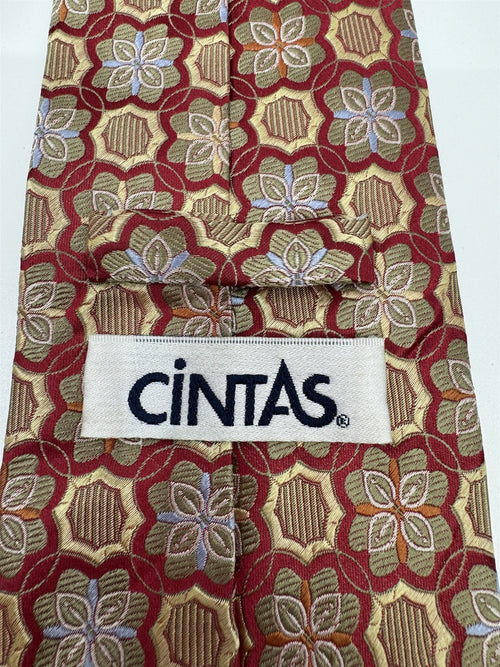 Cintas 100% Silk Mens Neck Tie Red Medallion/Flower Pattern Print NWOT
