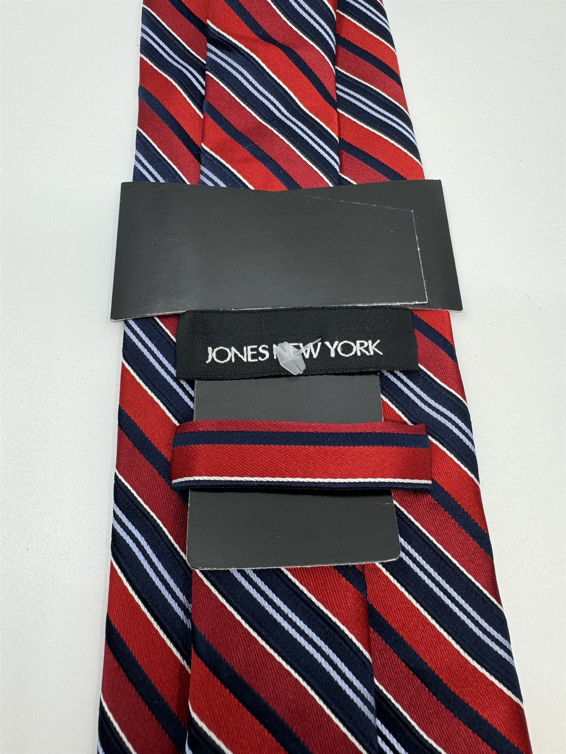 Jones New York Mens Neck Tie Red and Blue Striped Pattern Handmade Silk NWOT