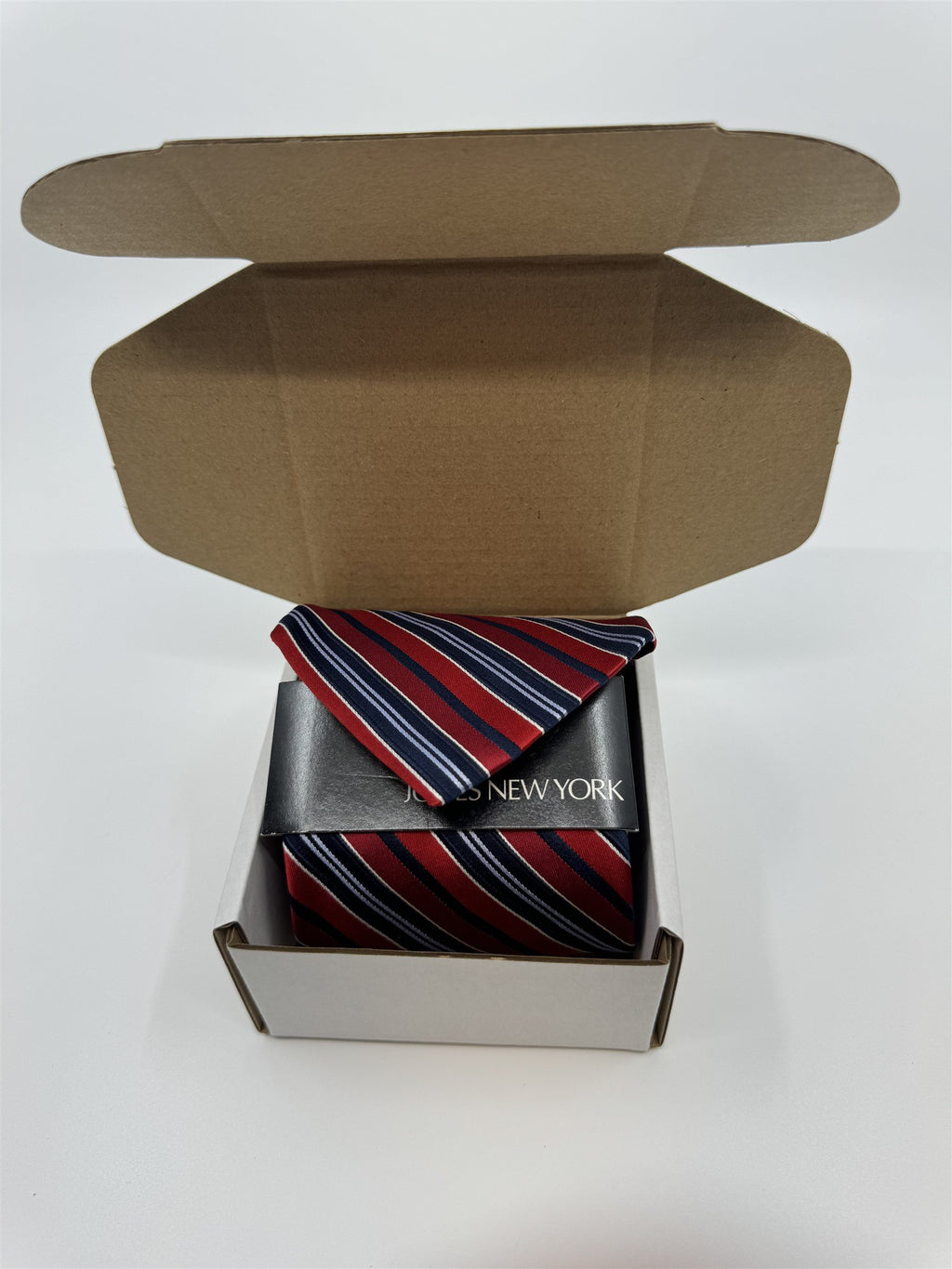 Jones New York Mens Neck Tie Red and Blue Striped Pattern Handmade Silk NWOT