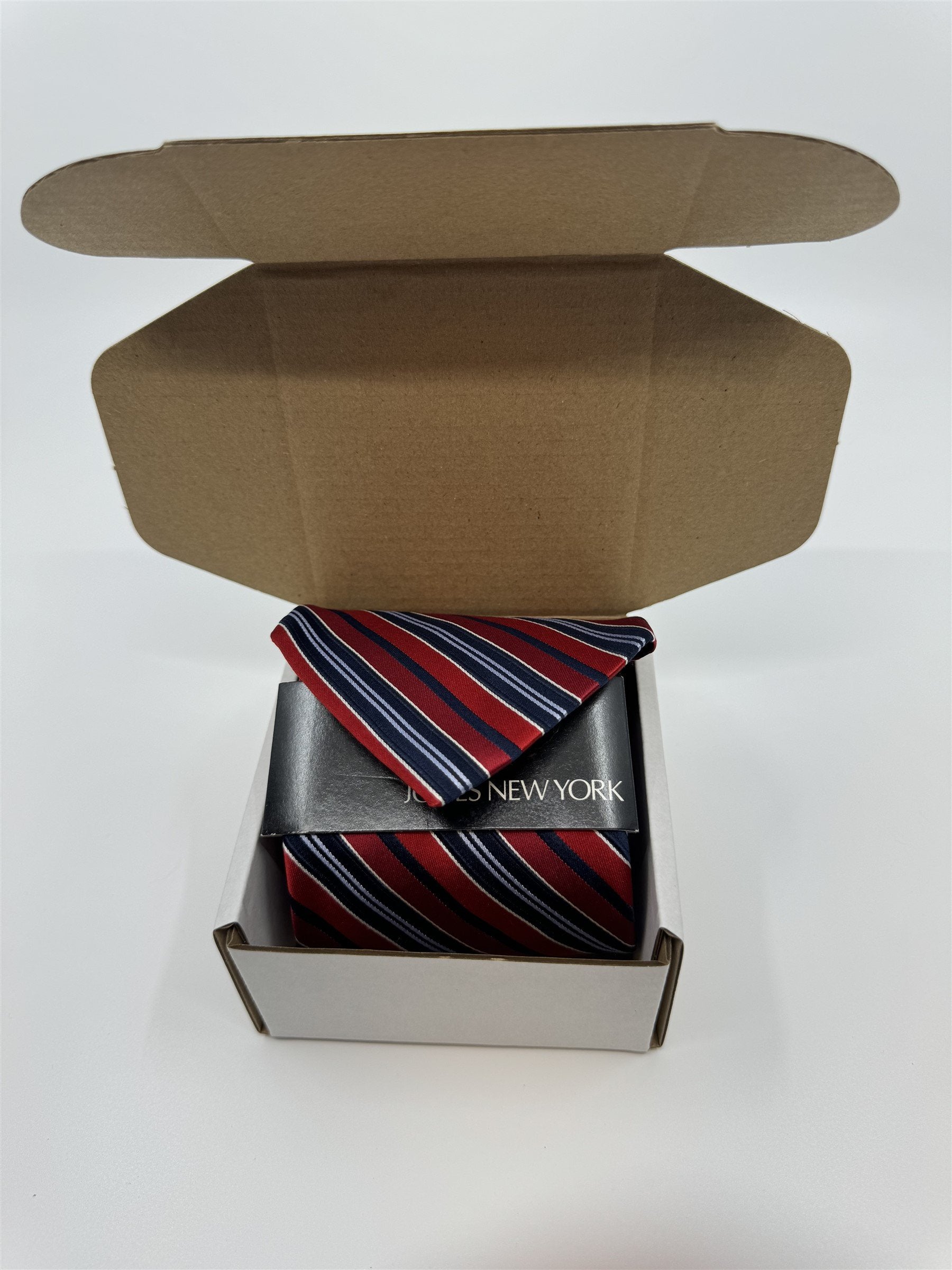 Jones New York Mens Neck Tie Red and Blue Striped Pattern Handmade Silk NWOT