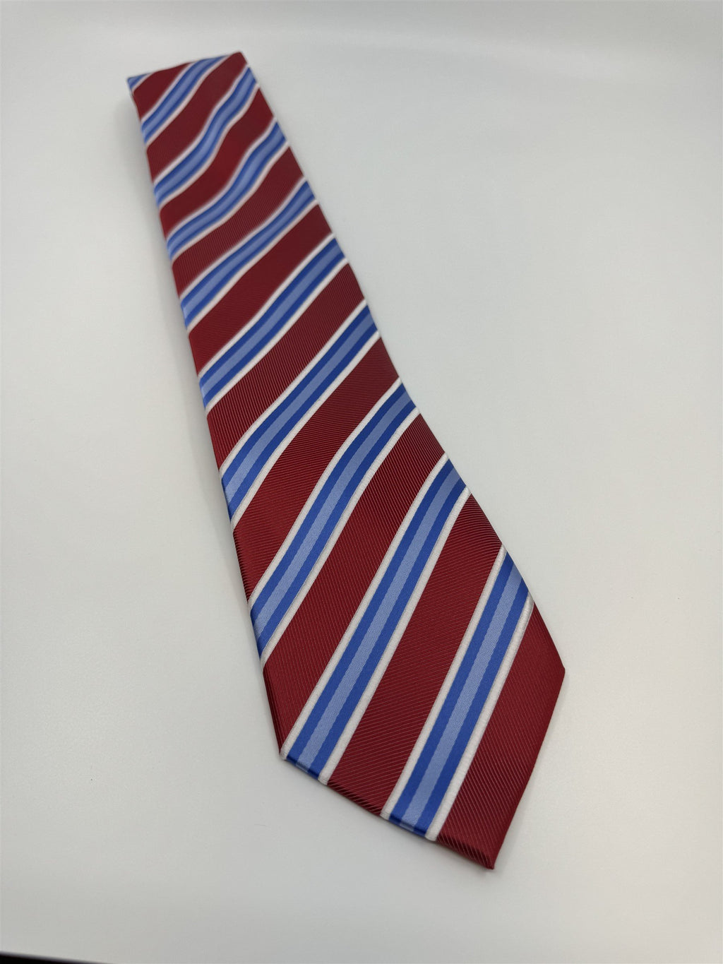 Covington Mens Neck Tie Red, Blue, and White Stripes Polyester