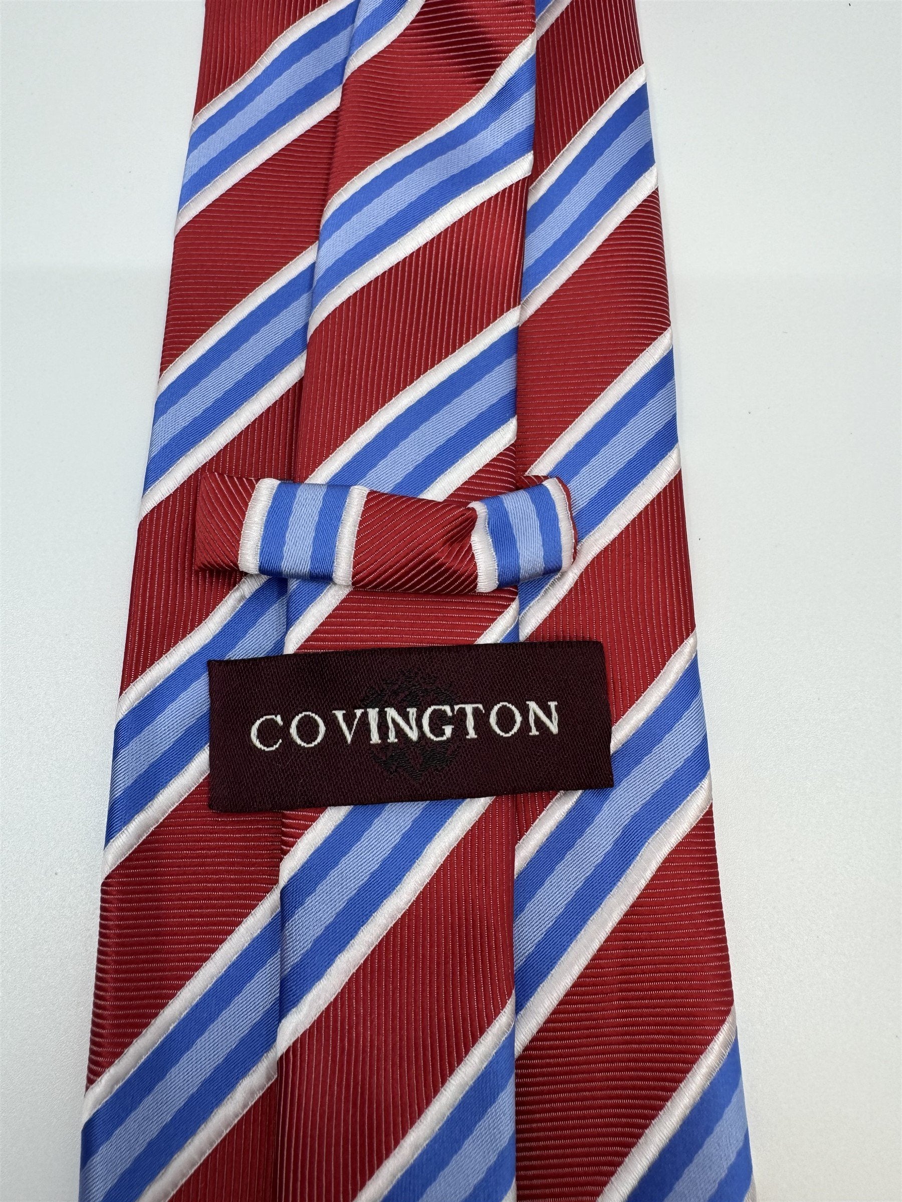 Covington Mens Neck Tie Red, Blue, and White Stripes Polyester