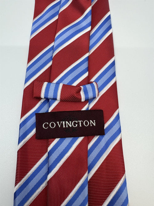 Covington Mens Neck Tie Red, Blue, and White Stripes Polyester