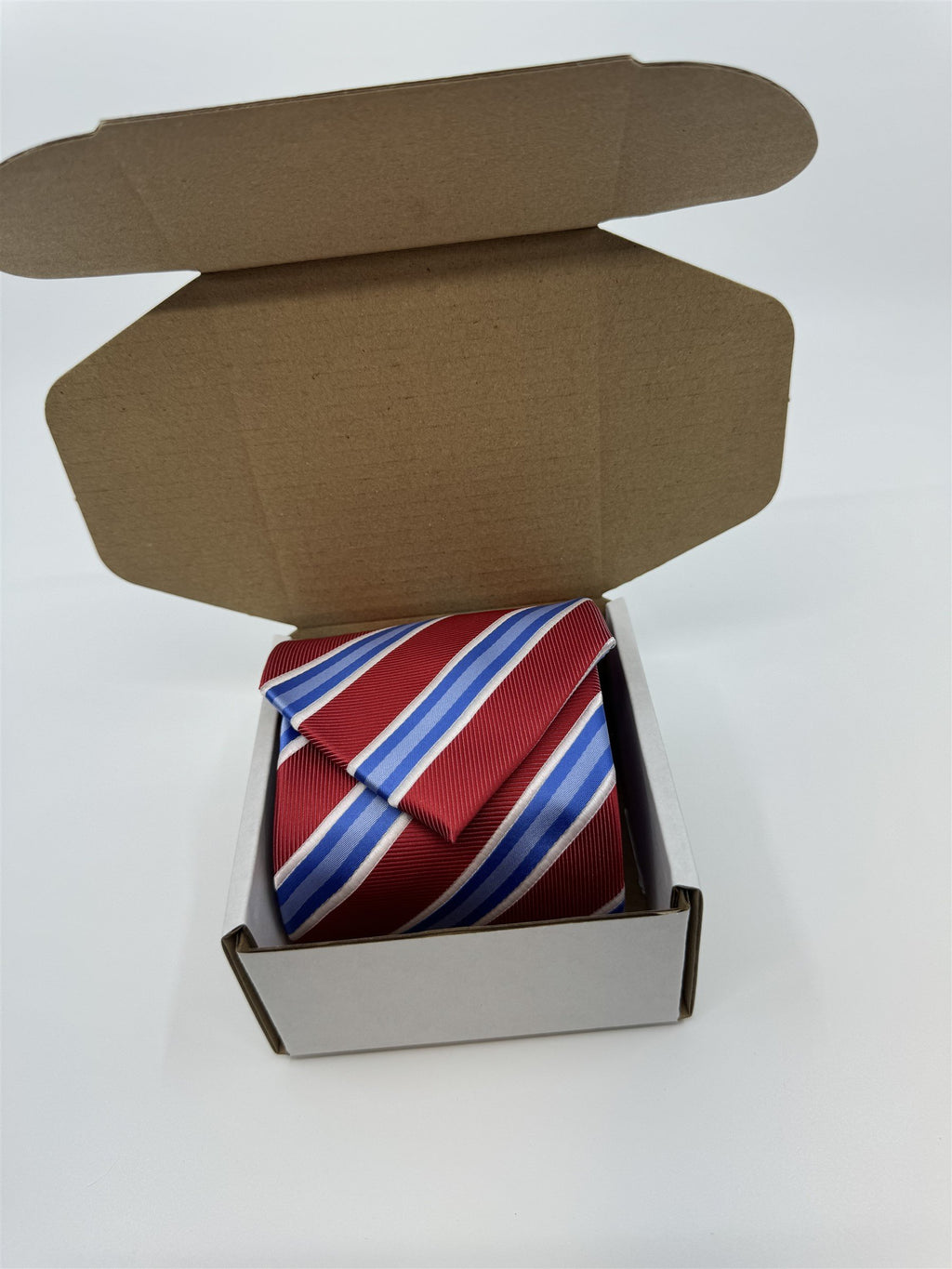 Covington Mens Neck Tie Red, Blue, and White Stripes Polyester