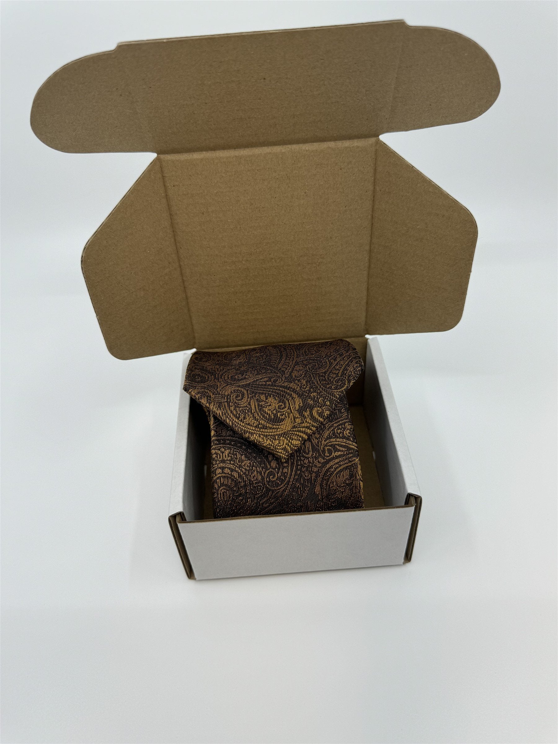 Dolce Bello Handmade Silk Mens Neck Tie Brown/Gold Paisley Pattern
