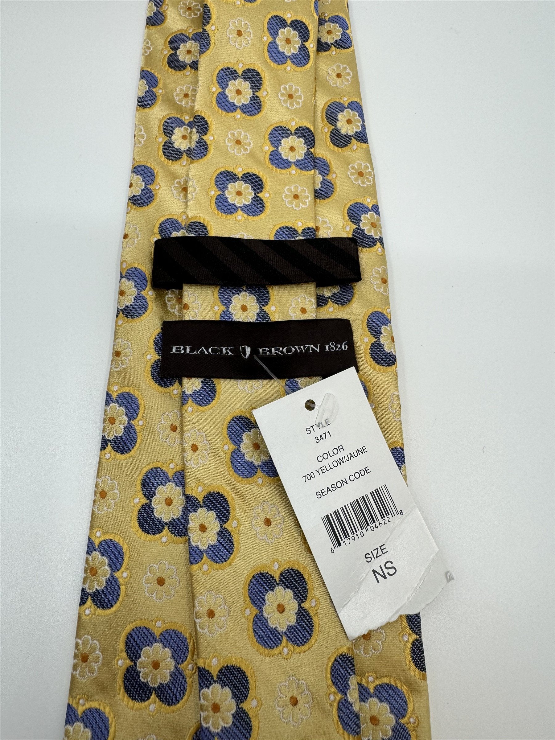 Black Brown 1826 Mens Yellow Flowers Floral Print Tie w Blue Accent NWT Silk