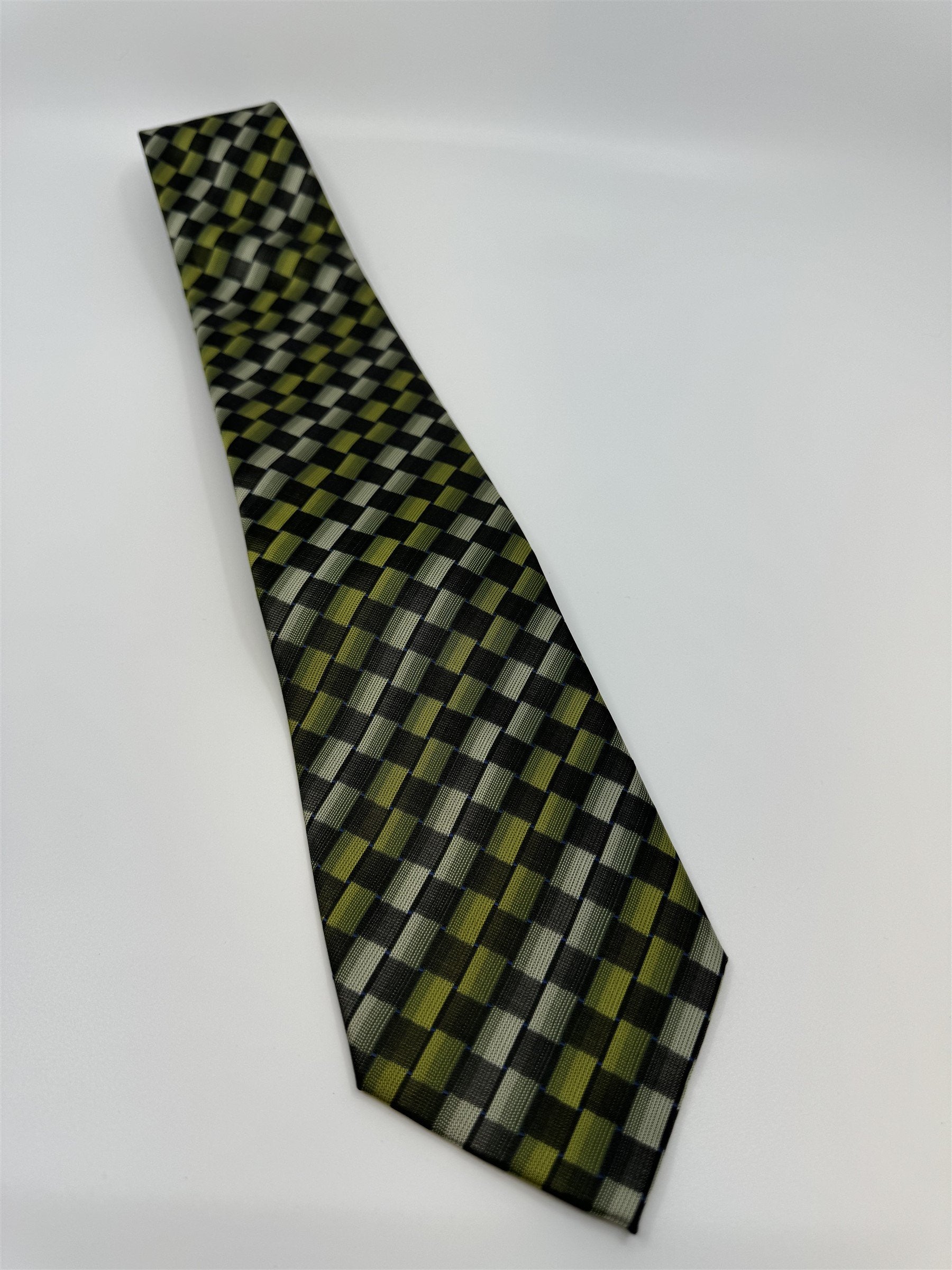 Van Heusen Mens Neck Tie Green/Gray/White Check Line Pattern Polyester Handmade