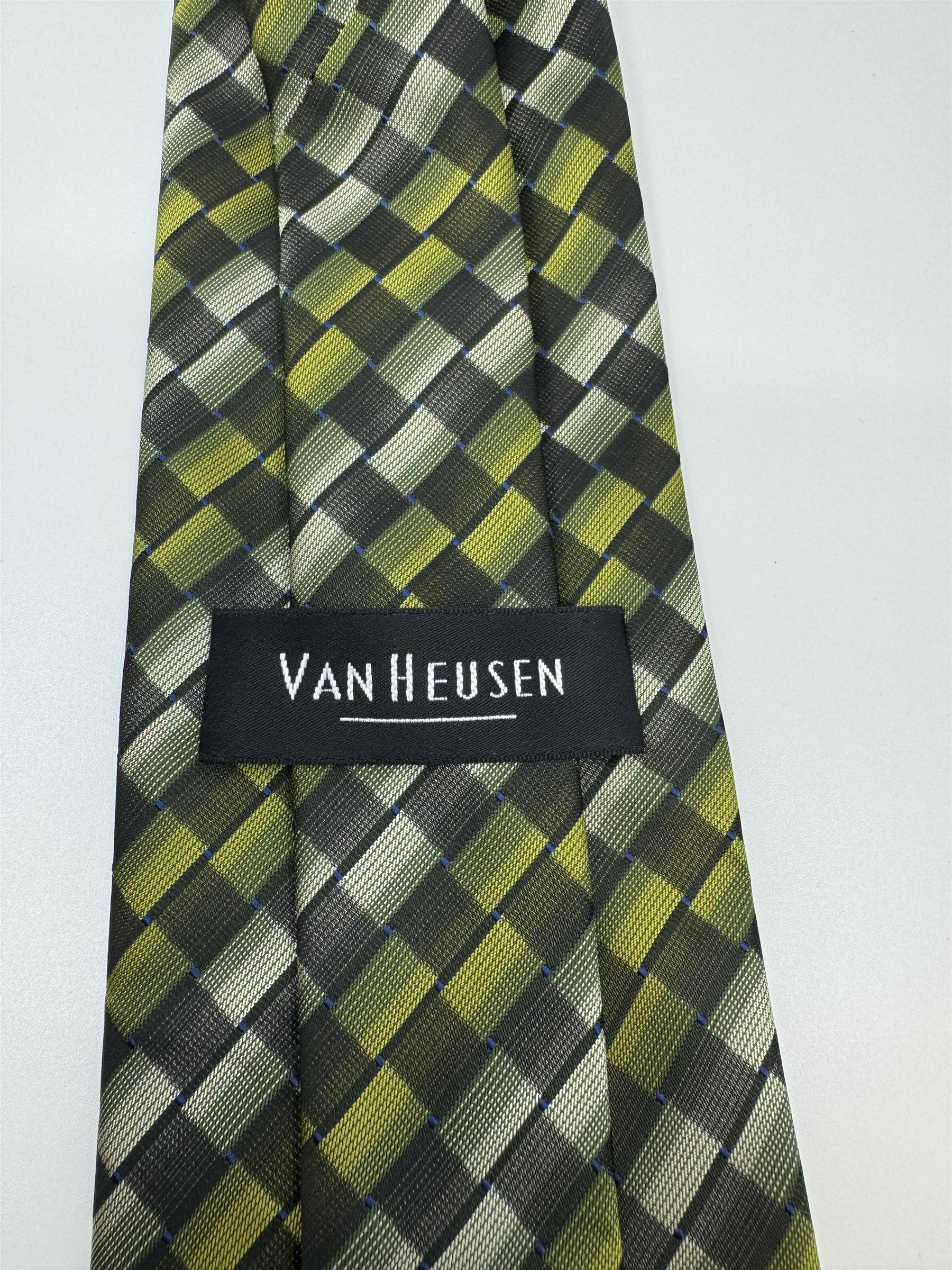 Van Heusen Mens Neck Tie Green/Gray/White Check Line Pattern Polyester Handmade