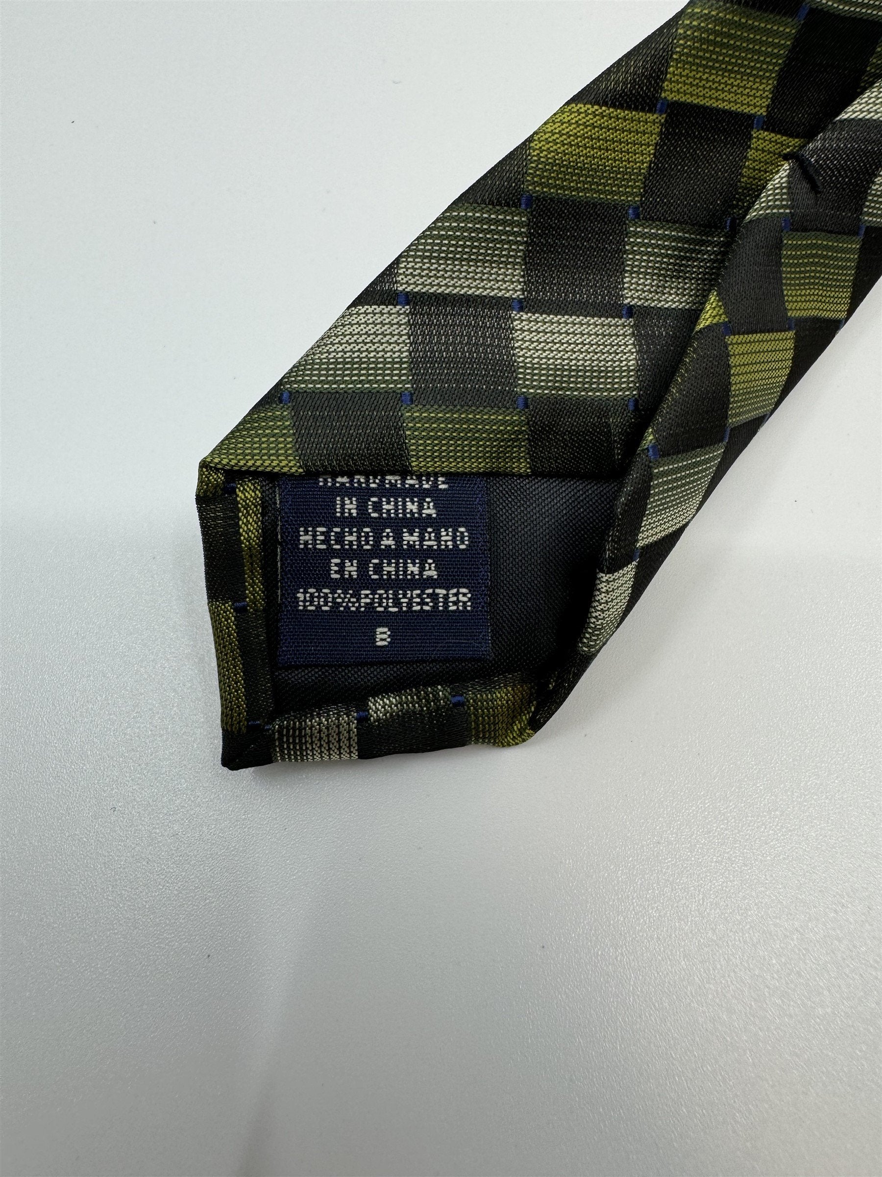 Van Heusen Mens Neck Tie Green/Gray/White Check Line Pattern Polyester Handmade
