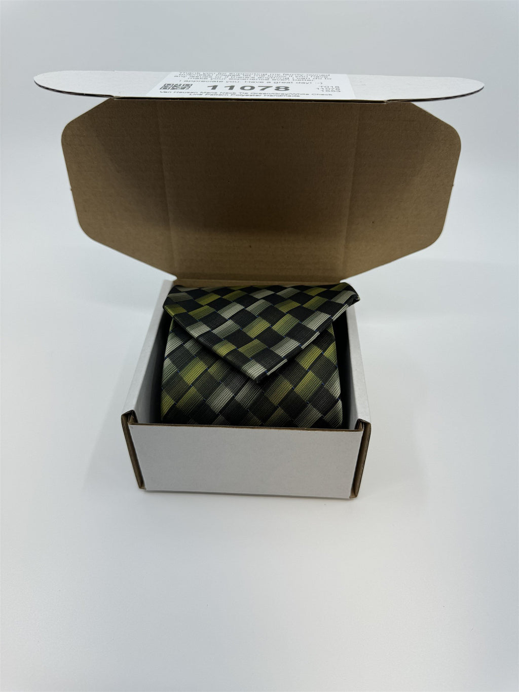 Van Heusen Mens Neck Tie Green/Gray/White Check Line Pattern Polyester Handmade