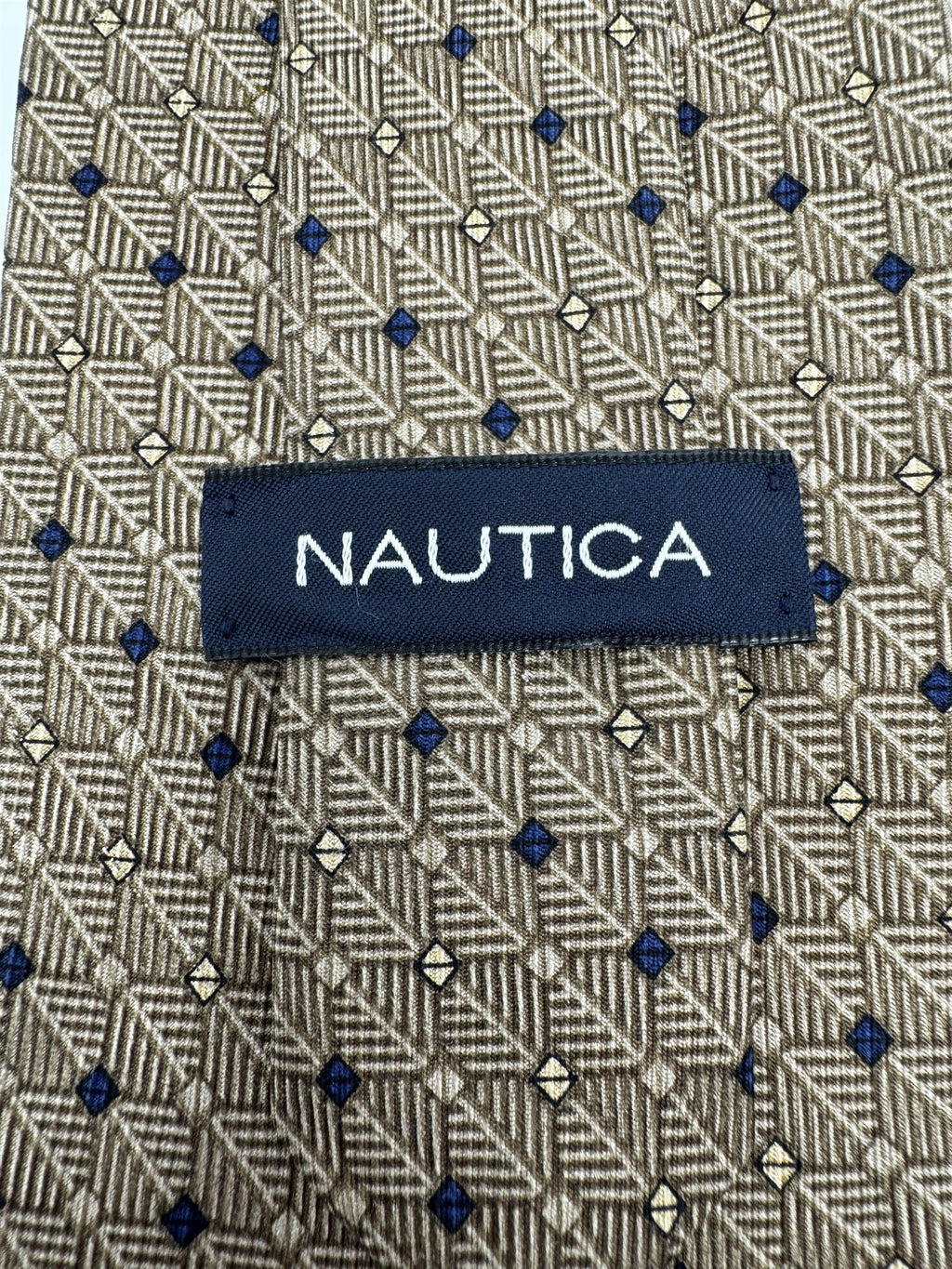 Mens Nautica Made in Korea 100% Silk Neck Tie Brown/Tan/Beige Pattern