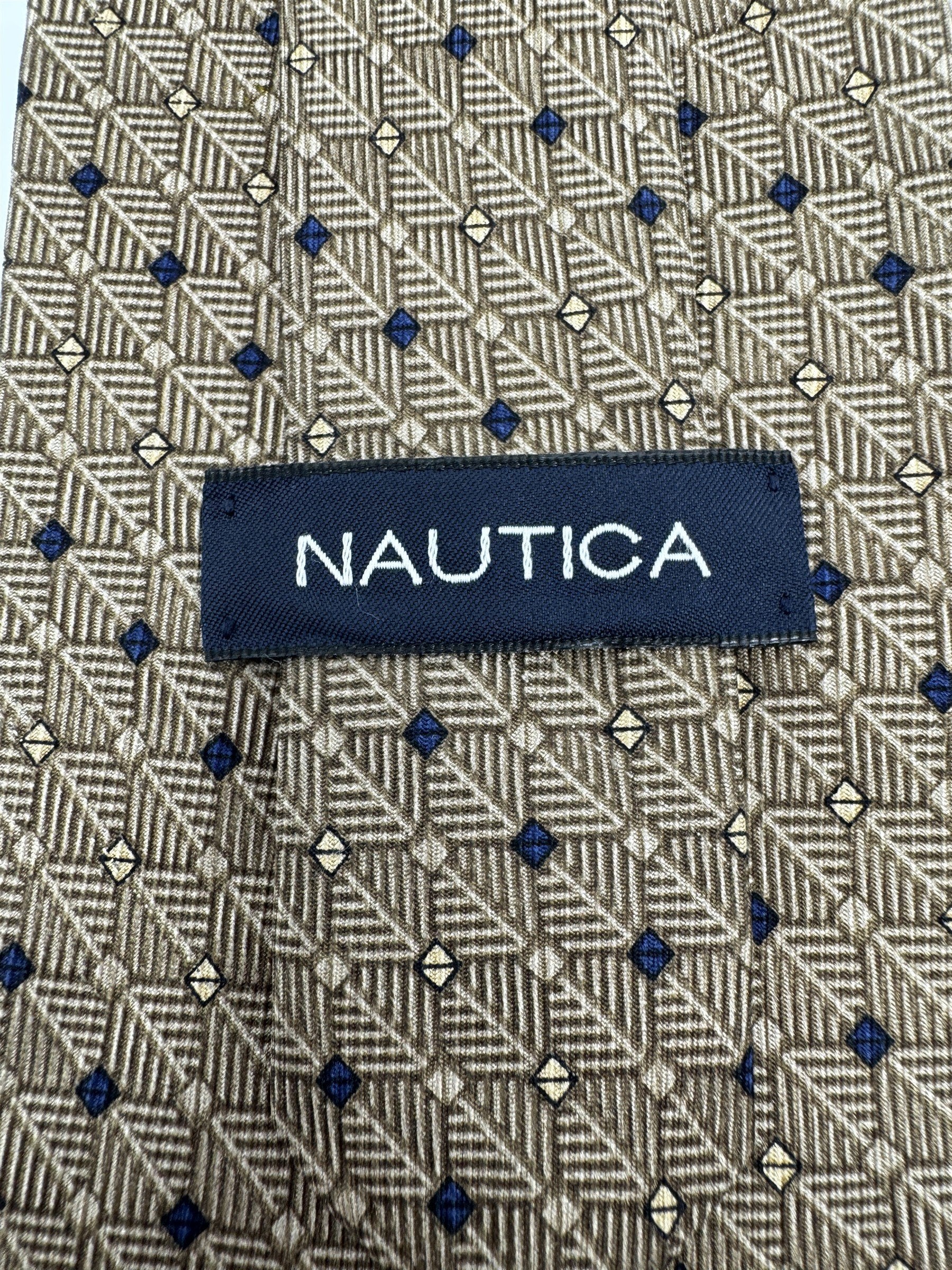 Mens Nautica Made in Korea 100% Silk Neck Tie Brown/Tan/Beige Pattern