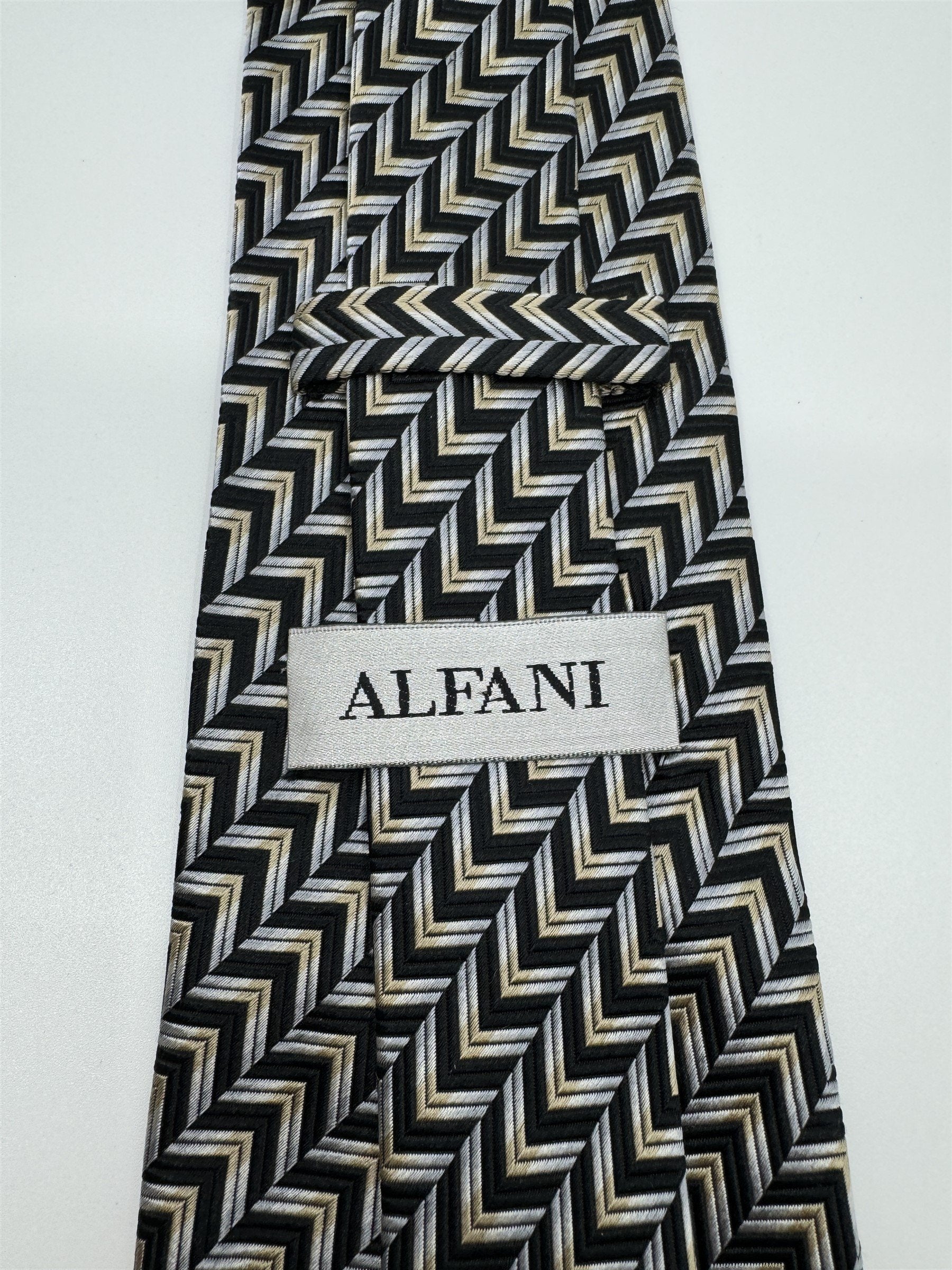 Alfani Mens Neck Tie Black With Silver/Gold Arrows Pattern 100% Silk Handmade