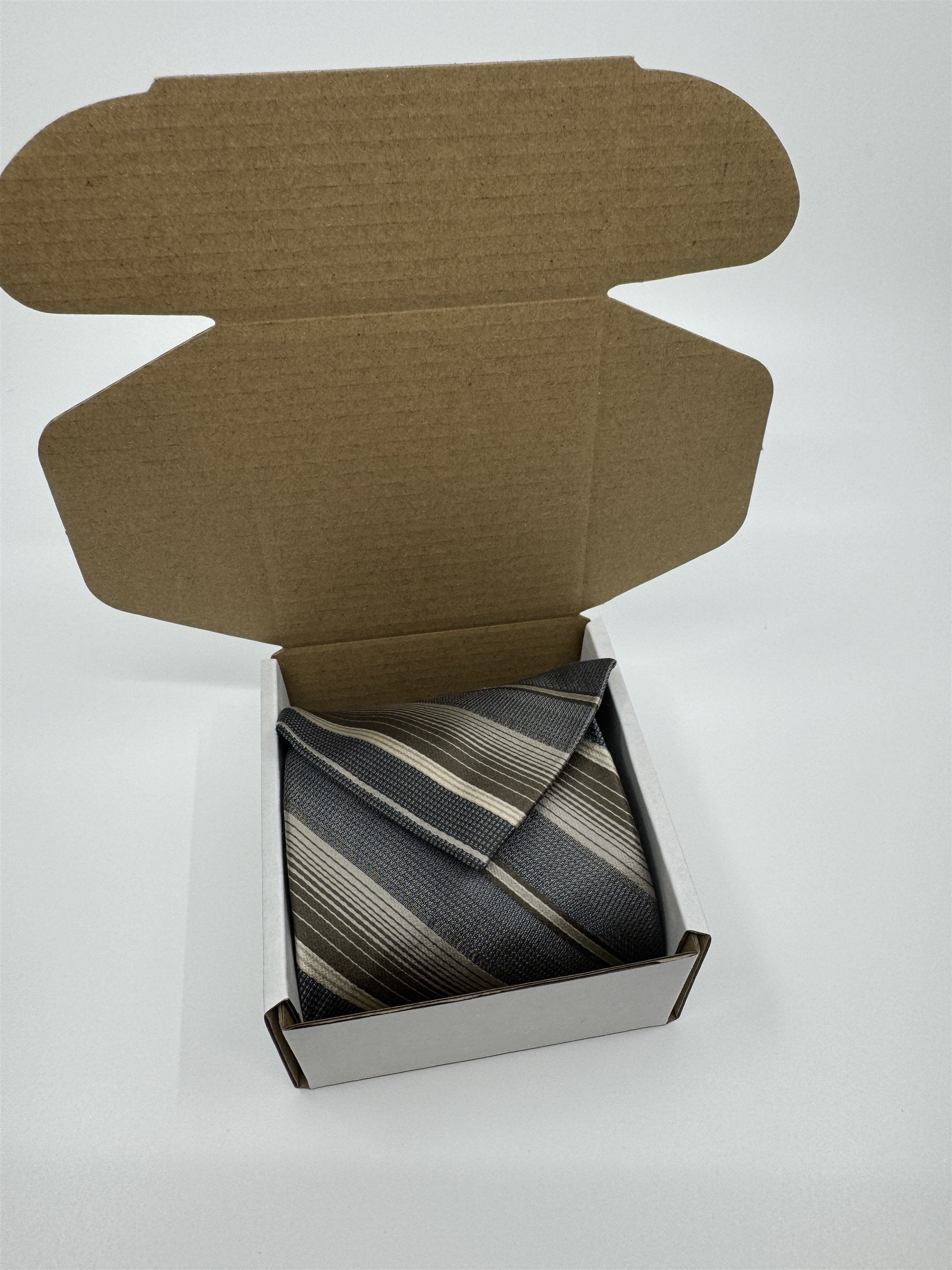 Campia Moda Mens 100% All Silk Neck Tie Made in USA Striped Brown/Beige/Gray