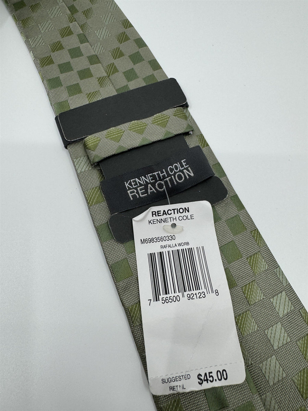 Kenneth Cole Reaction Mens Neck Tie Green and Gray Squares 100% Silk Tie