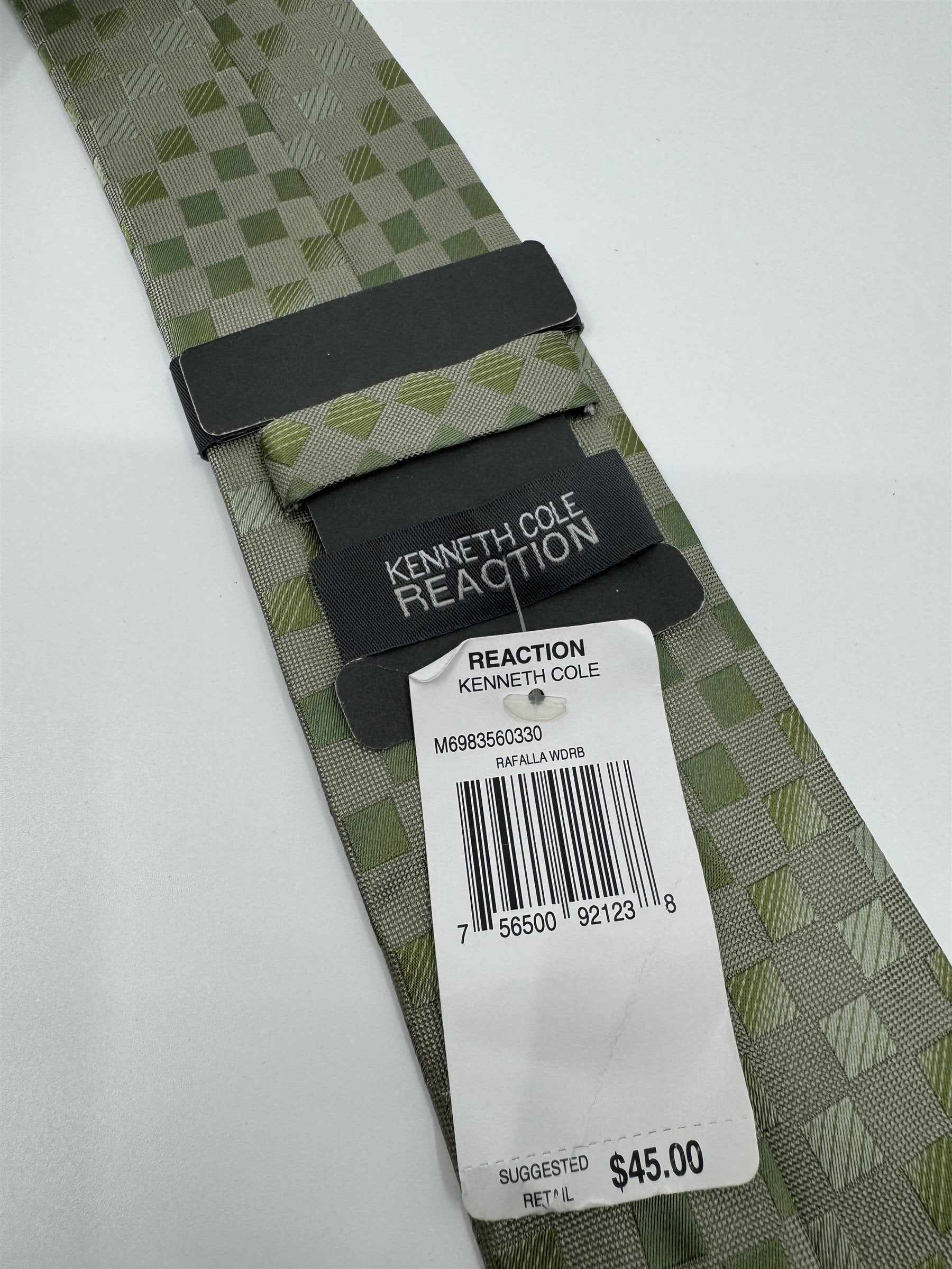 Kenneth Cole Reaction Mens Neck Tie Green and Gray Squares 100% Silk Tie