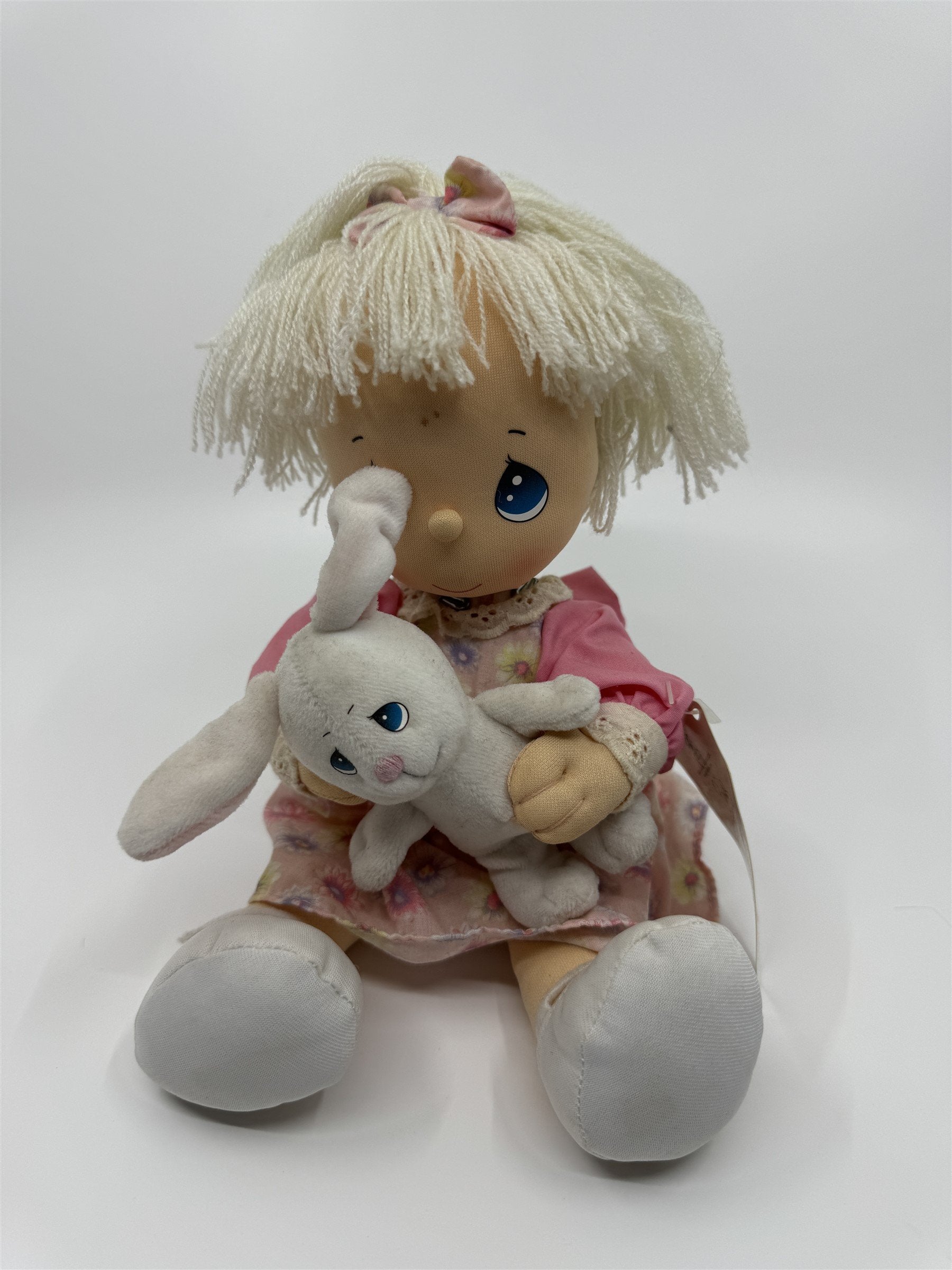 2004 Precious Moments Easter Doll Girl with Stand *Small Stain* Girl /w Bunny