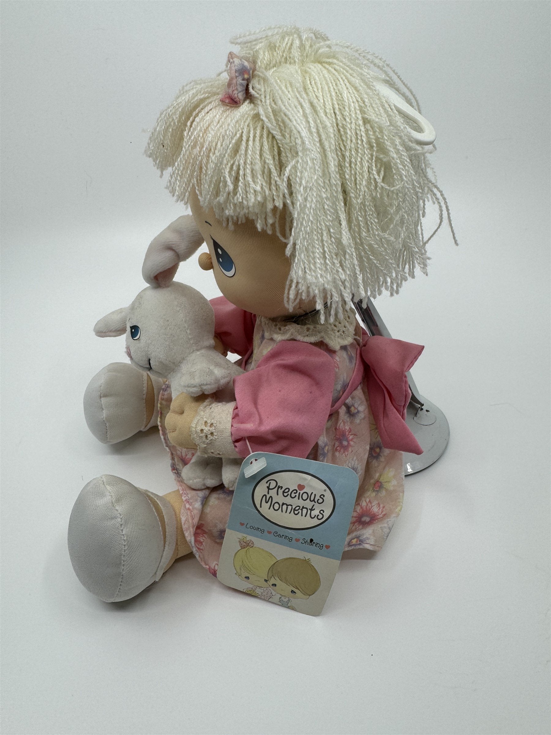 2004 Precious Moments Easter Doll Girl with Stand *Small Stain* Girl /w Bunny