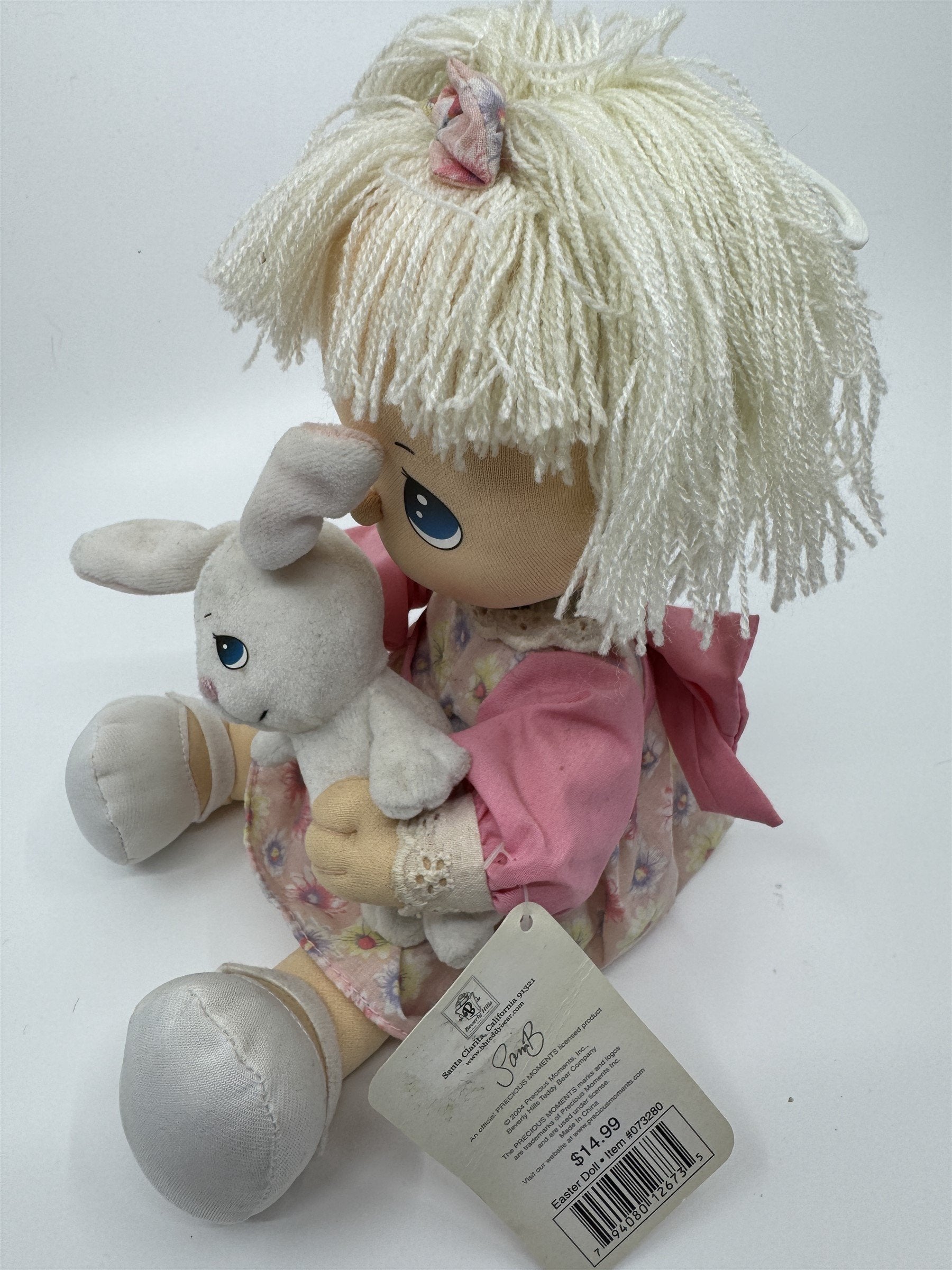 2004 Precious Moments Easter Doll Girl with Stand *Small Stain* Girl /w Bunny
