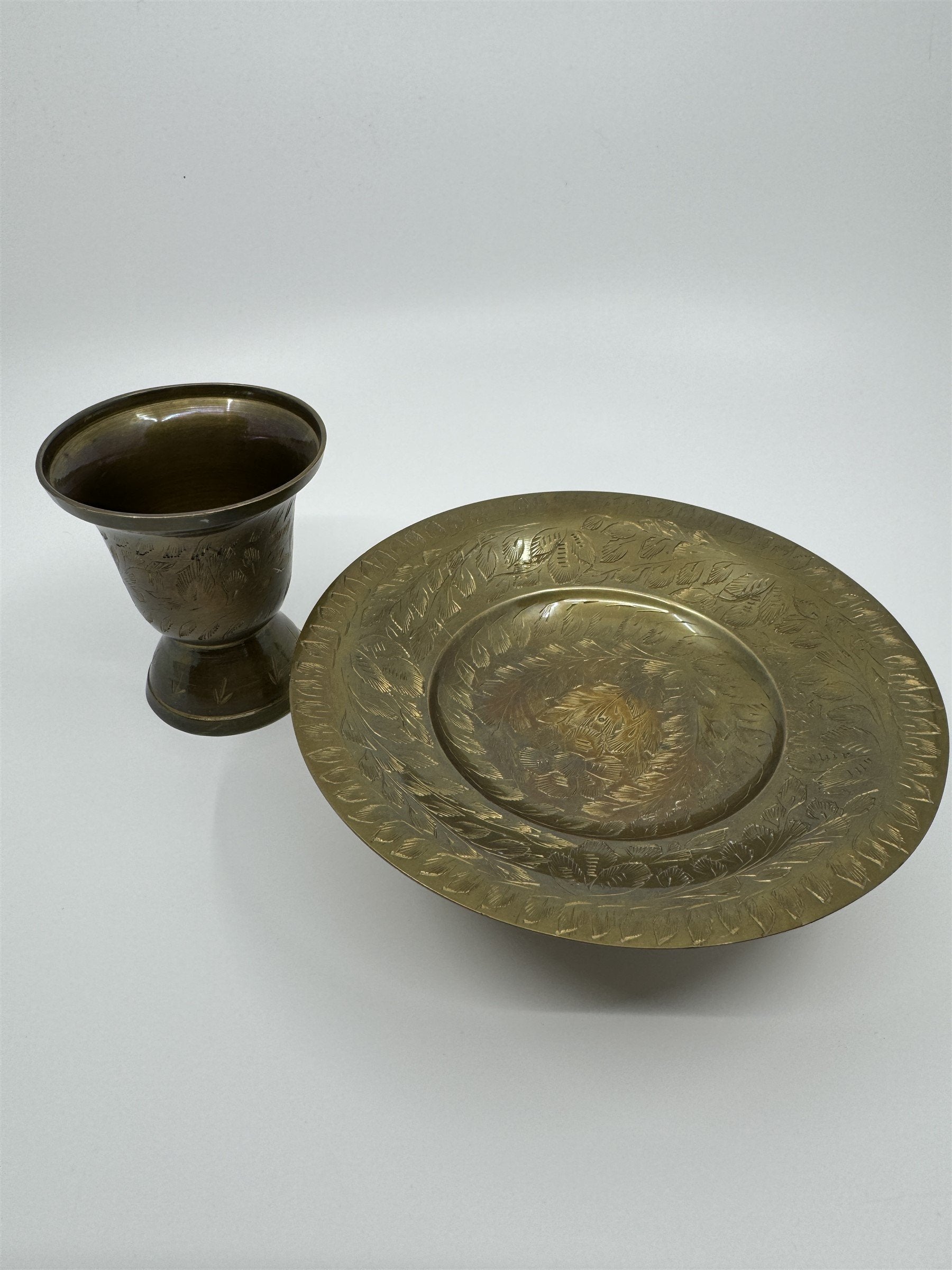 Set of Vintage Brass Lifted Tray & Drinking Chalice Made in India Floral Etched