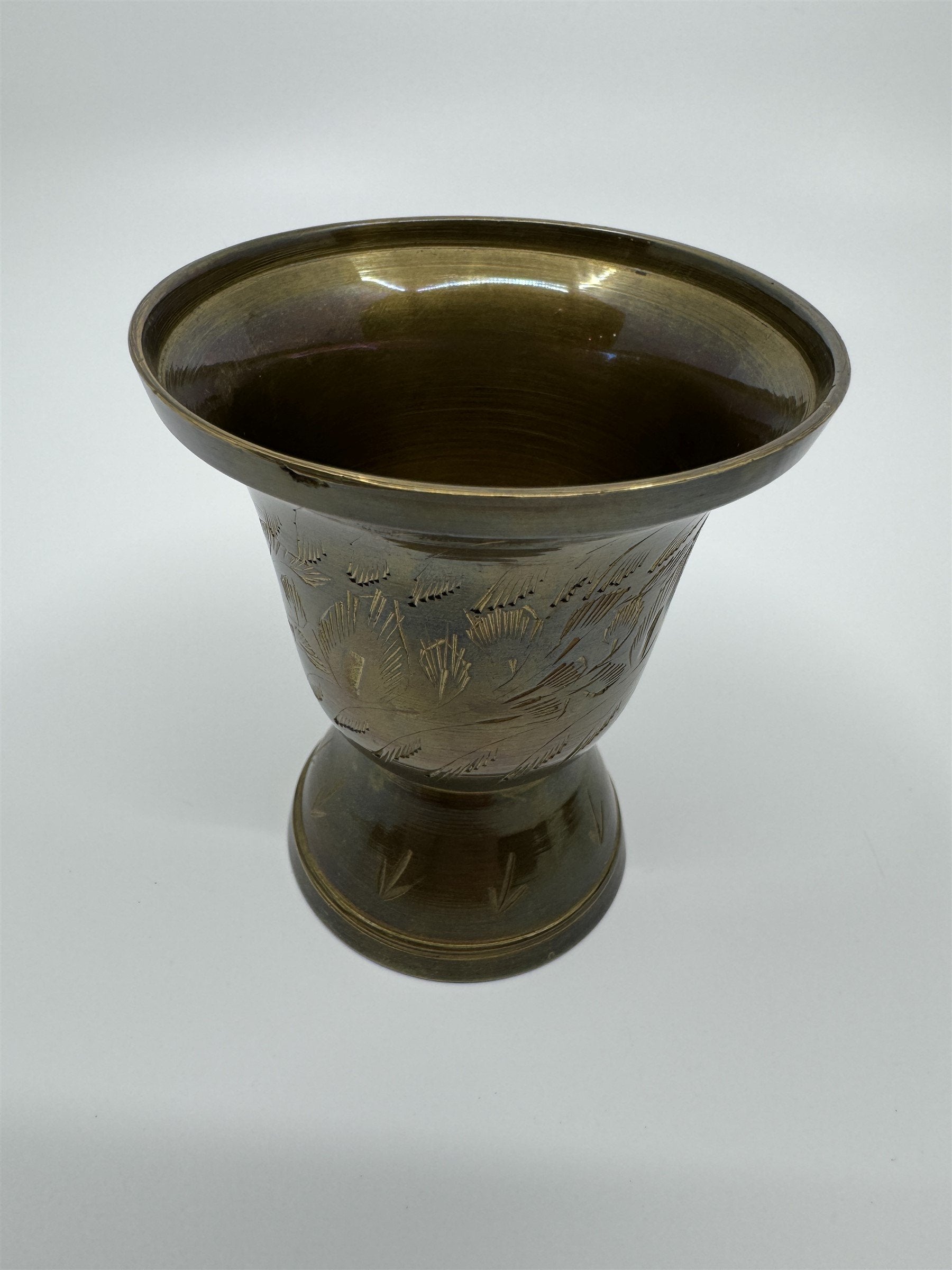Set of Vintage Brass Lifted Tray & Drinking Chalice Made in India Floral Etched