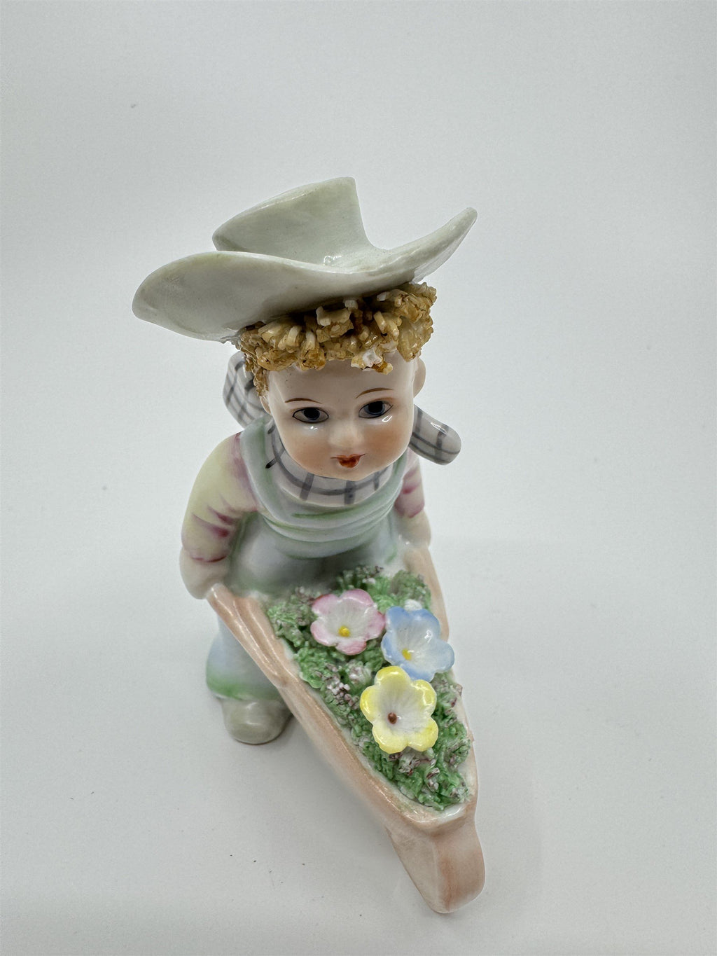 Vintage Lefton #977 Easter Flowers Gardening Boy Wheelbarrow Hand Painted JAPAN
