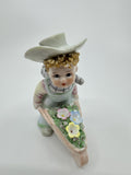 Vintage Lefton #977 Easter Flowers Gardening Boy Wheelbarrow Hand Painted JAPAN