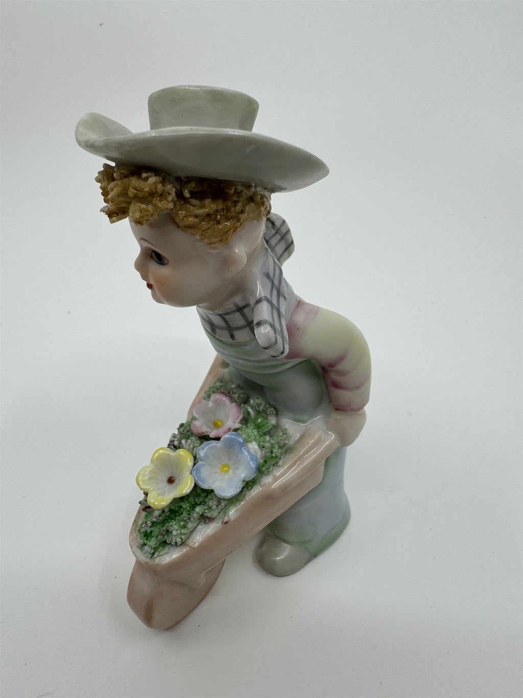 Vintage Lefton #977 Easter Flowers Gardening Boy Wheelbarrow Hand Painted JAPAN