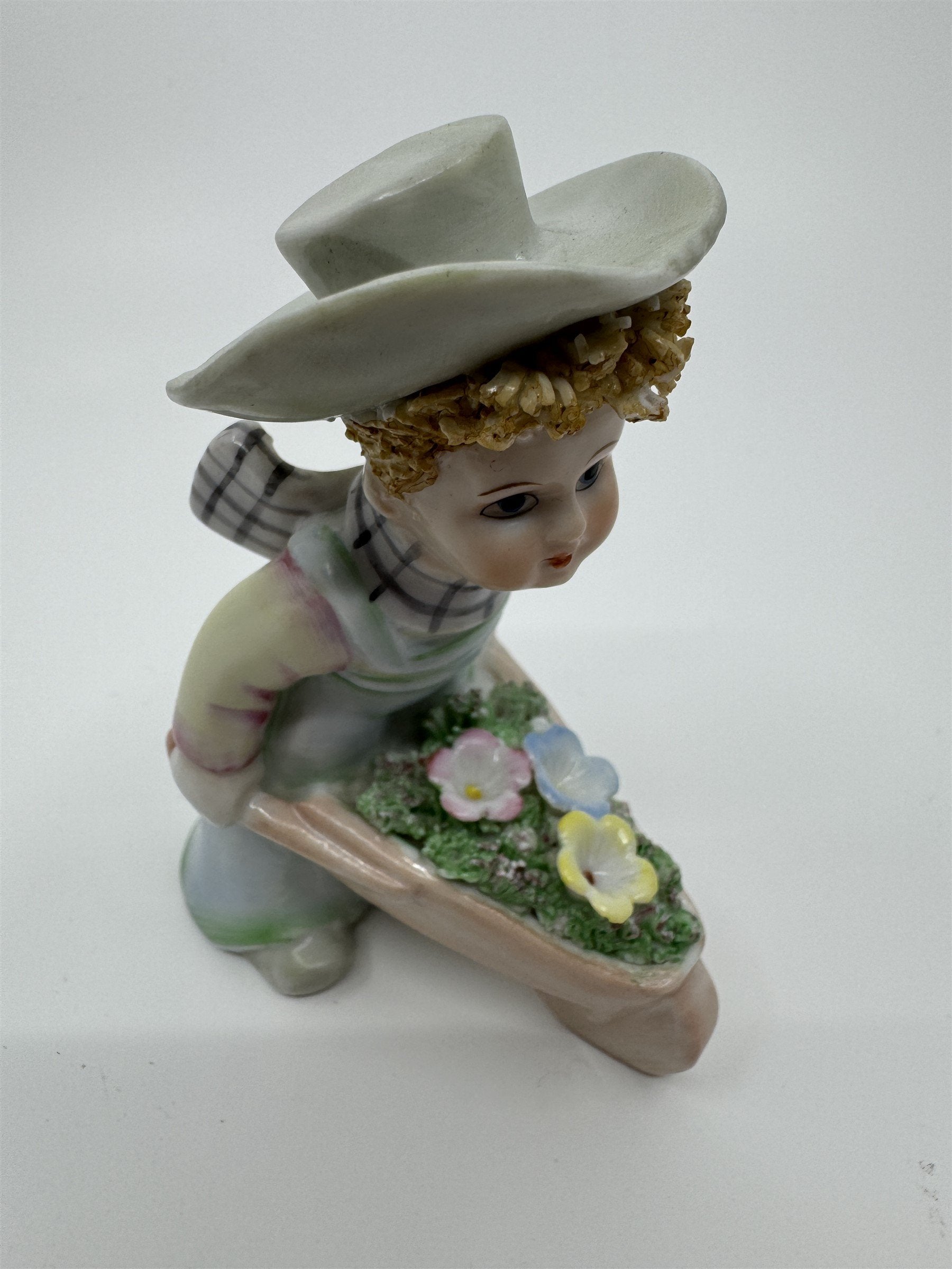 Vintage Lefton #977 Easter Flowers Gardening Boy Wheelbarrow Hand Painted JAPAN