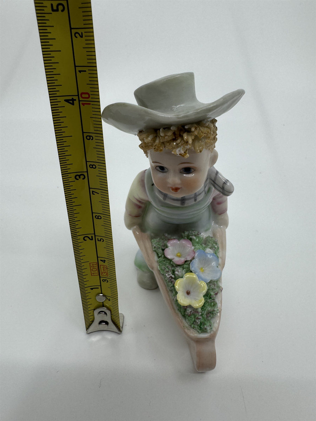 Vintage Lefton #977 Easter Flowers Gardening Boy Wheelbarrow Hand Painted JAPAN