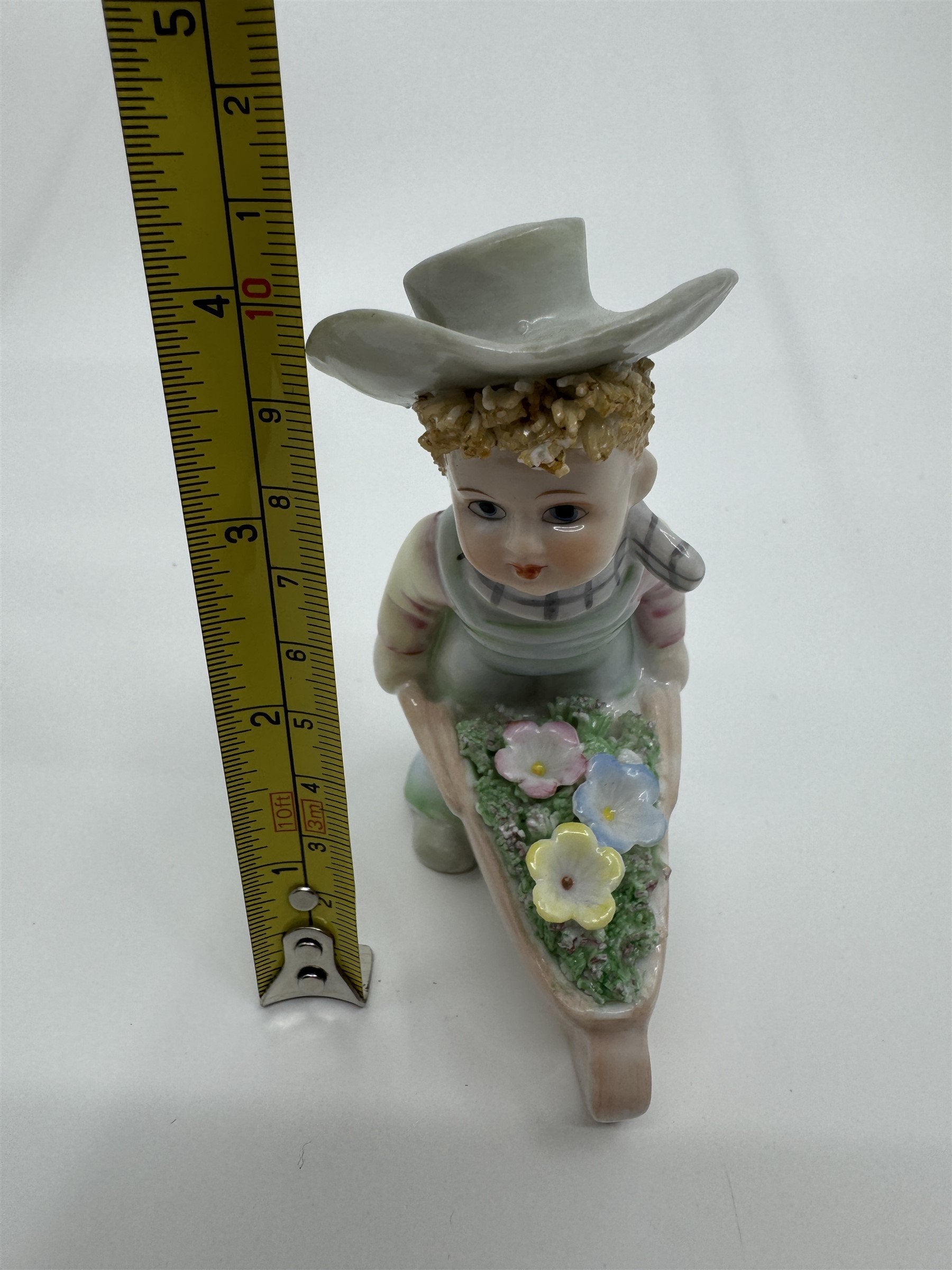Vintage Lefton #977 Easter Flowers Gardening Boy Wheelbarrow Hand Painted JAPAN