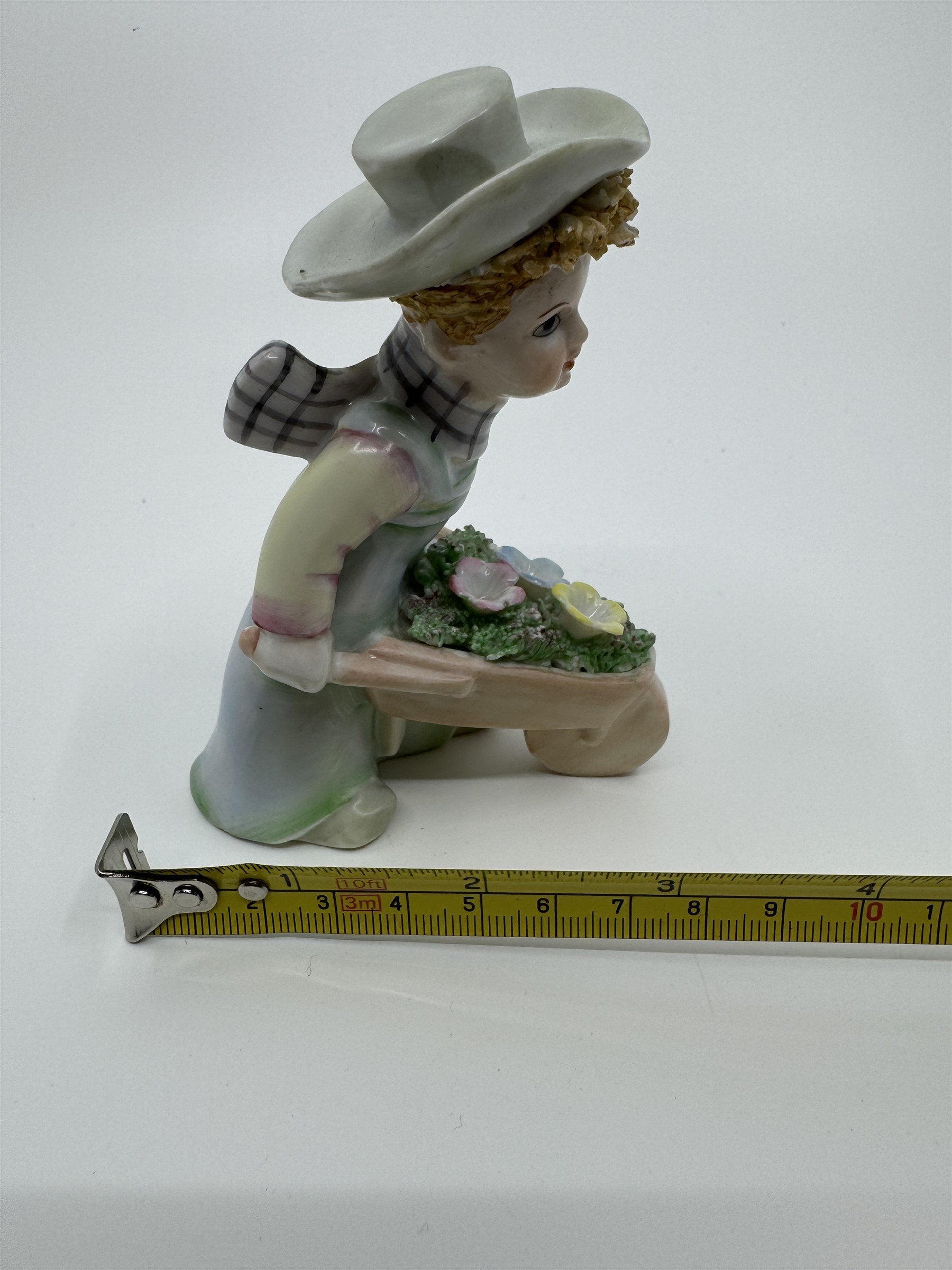 Vintage Lefton #977 Easter Flowers Gardening Boy Wheelbarrow Hand Painted JAPAN