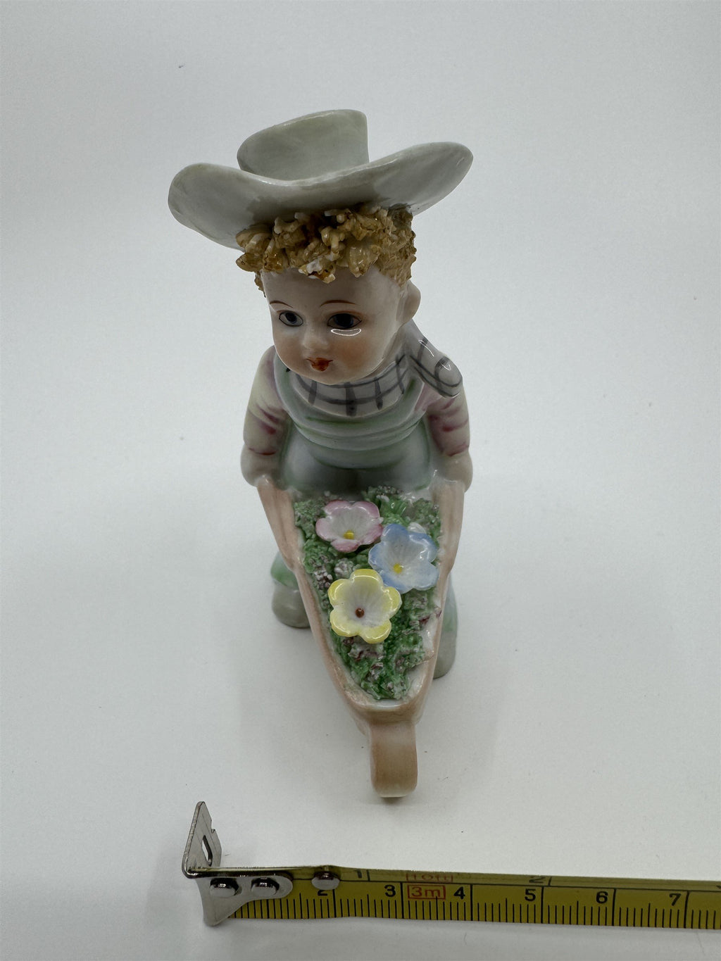 Vintage Lefton #977 Easter Flowers Gardening Boy Wheelbarrow Hand Painted JAPAN